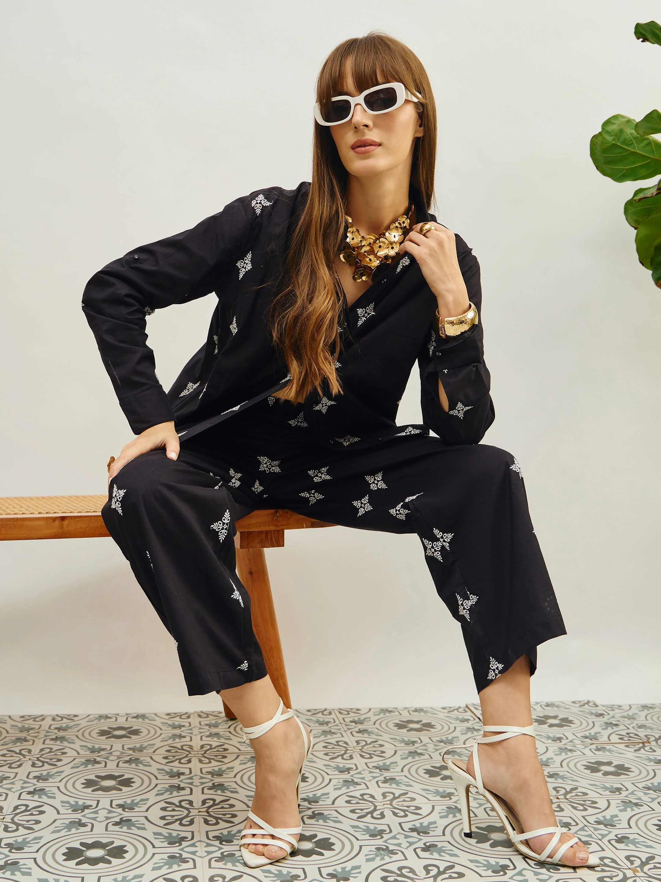 Women Black Embroidered Shirt With Straight Pants - Image 2