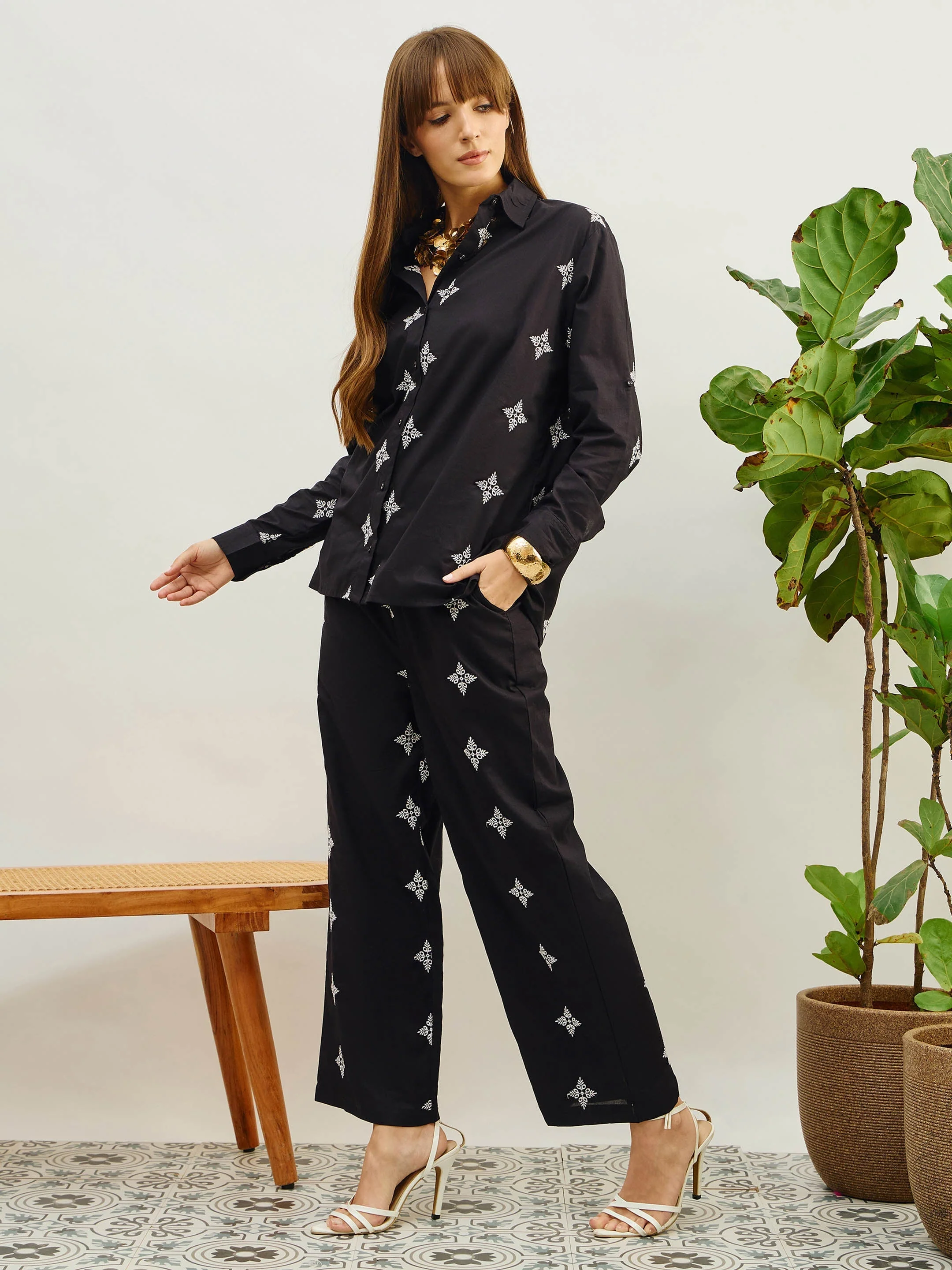 Women Black Embroidered Shirt With Straight Pants - Image 3