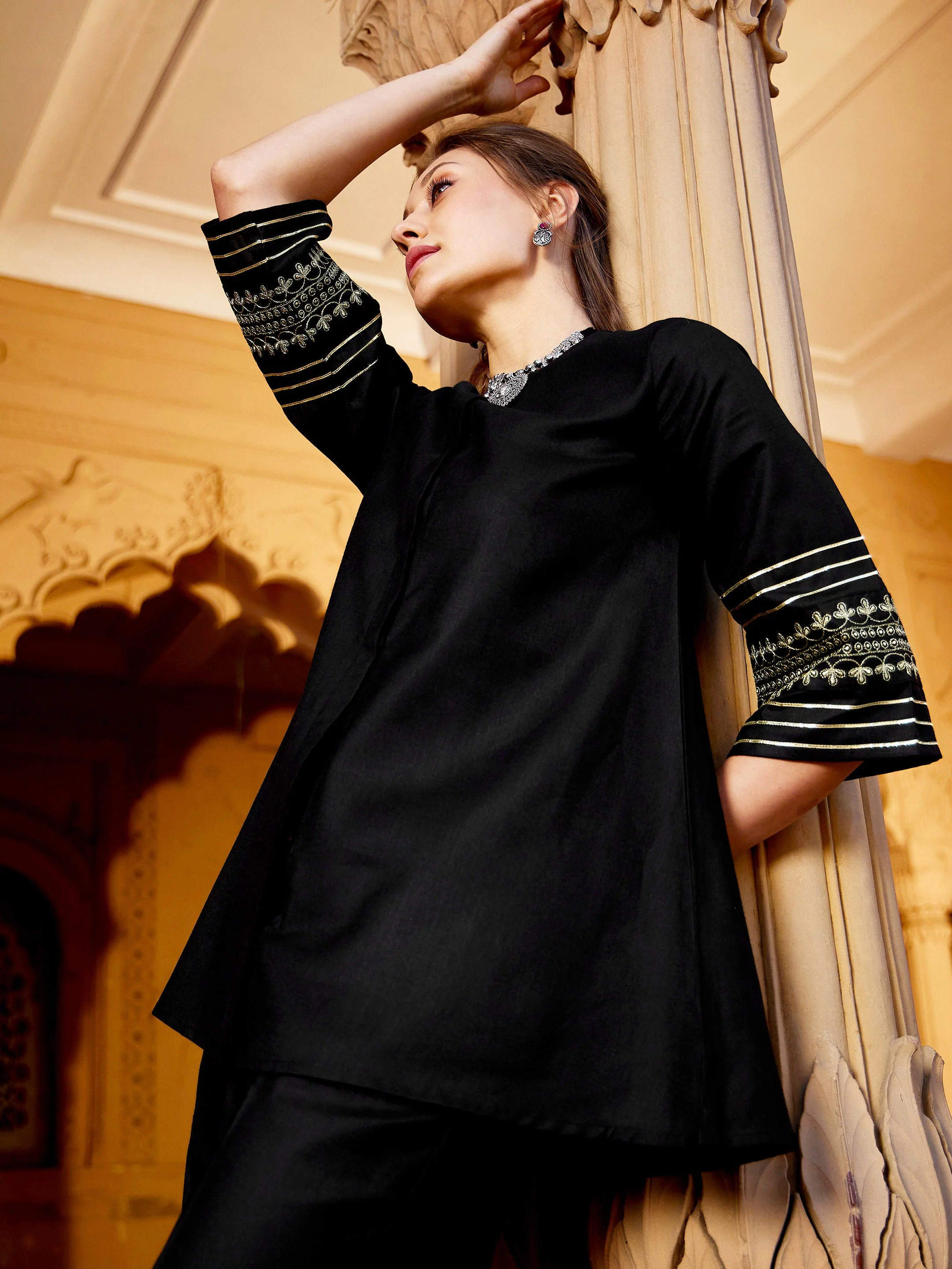 Women Black Embroidered Sleeve Shirt Kurti With Palazzos - Image 2
