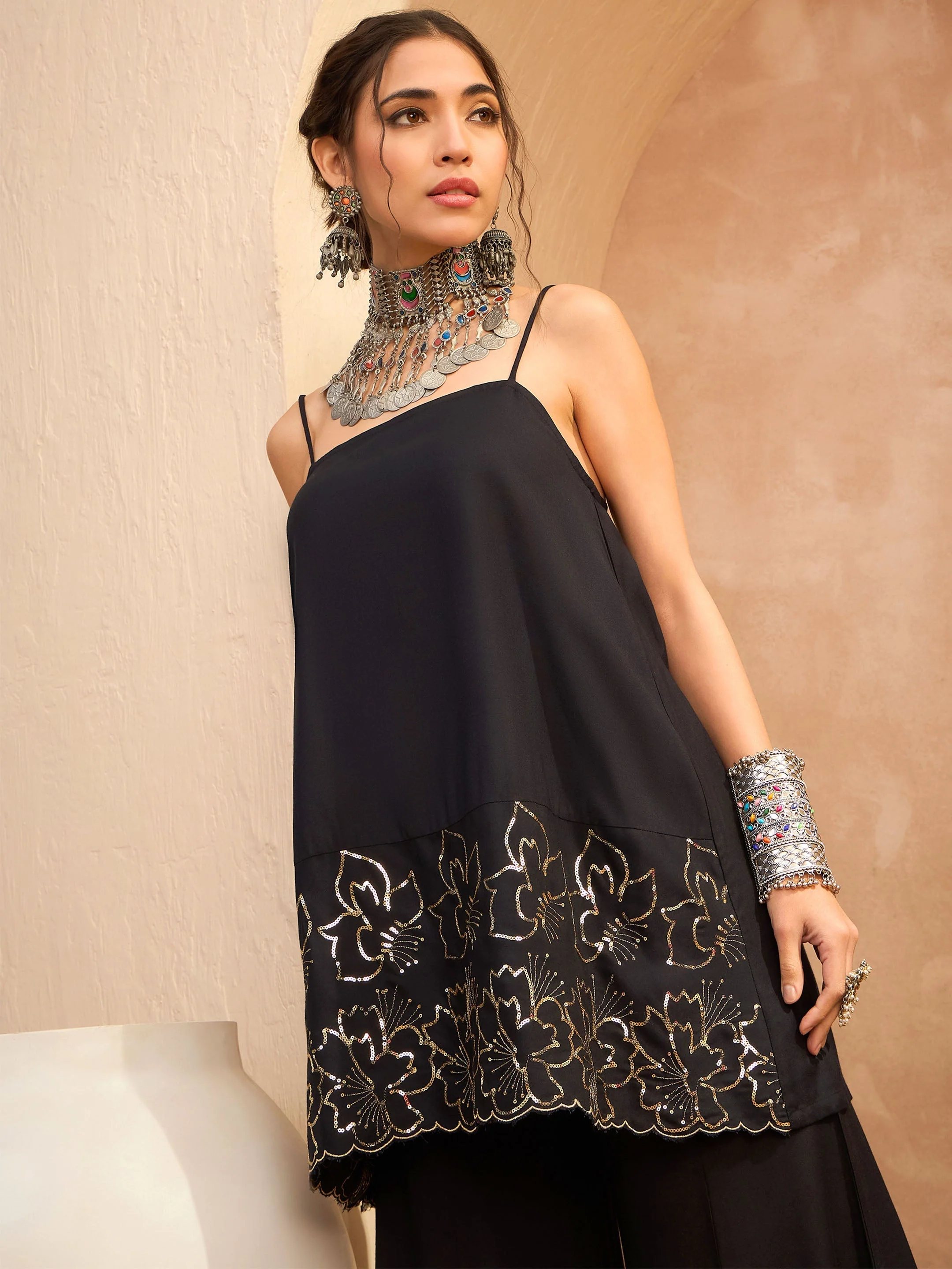 Women Black Embroidered Strappy Kurta With Palazzos - Image 2