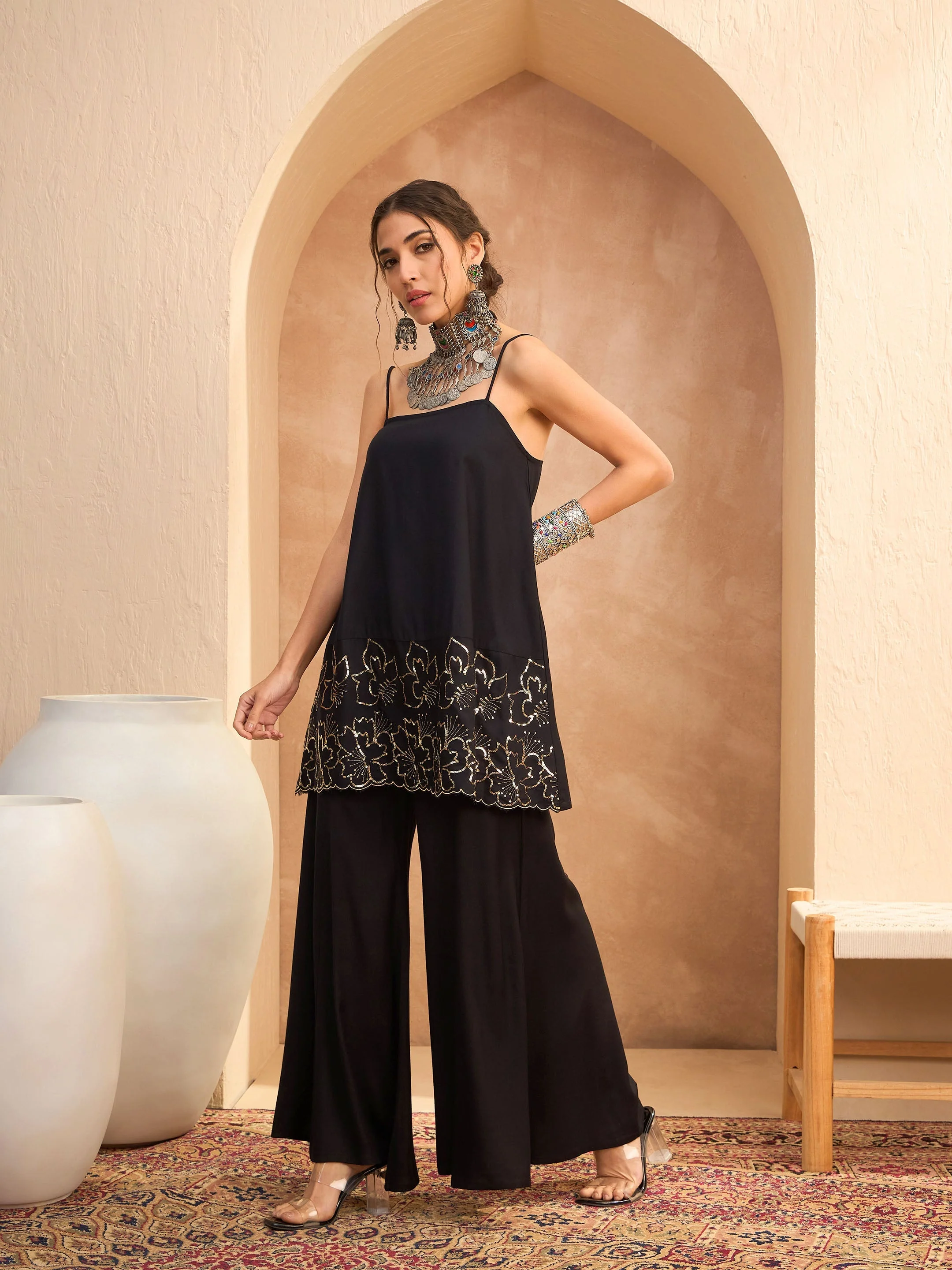 Women Black Embroidered Strappy Kurta With Palazzos - Image 3