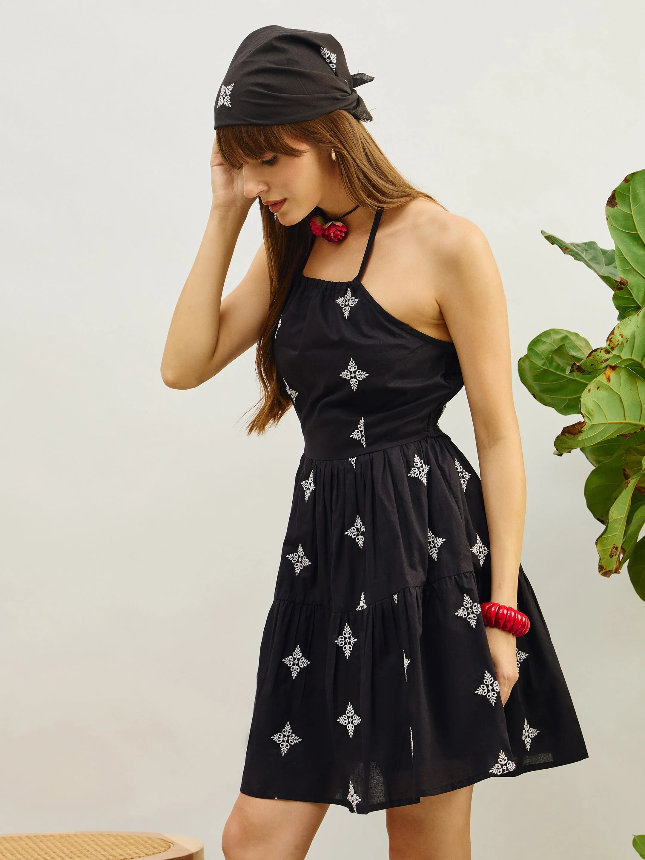 Women Black Embroidered Strappy Short Dress - Image 3