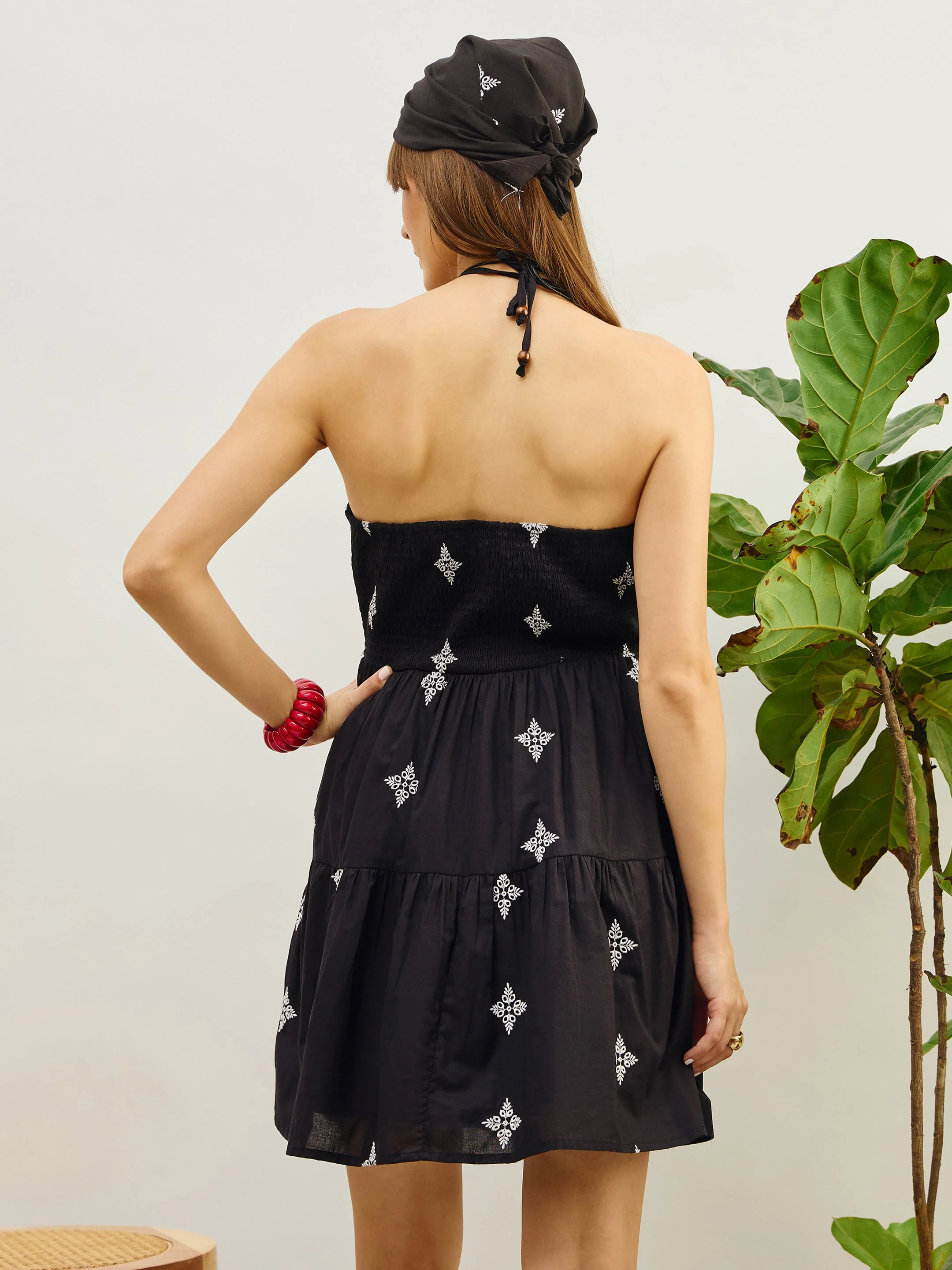 Women Black Embroidered Strappy Short Dress - Image 5