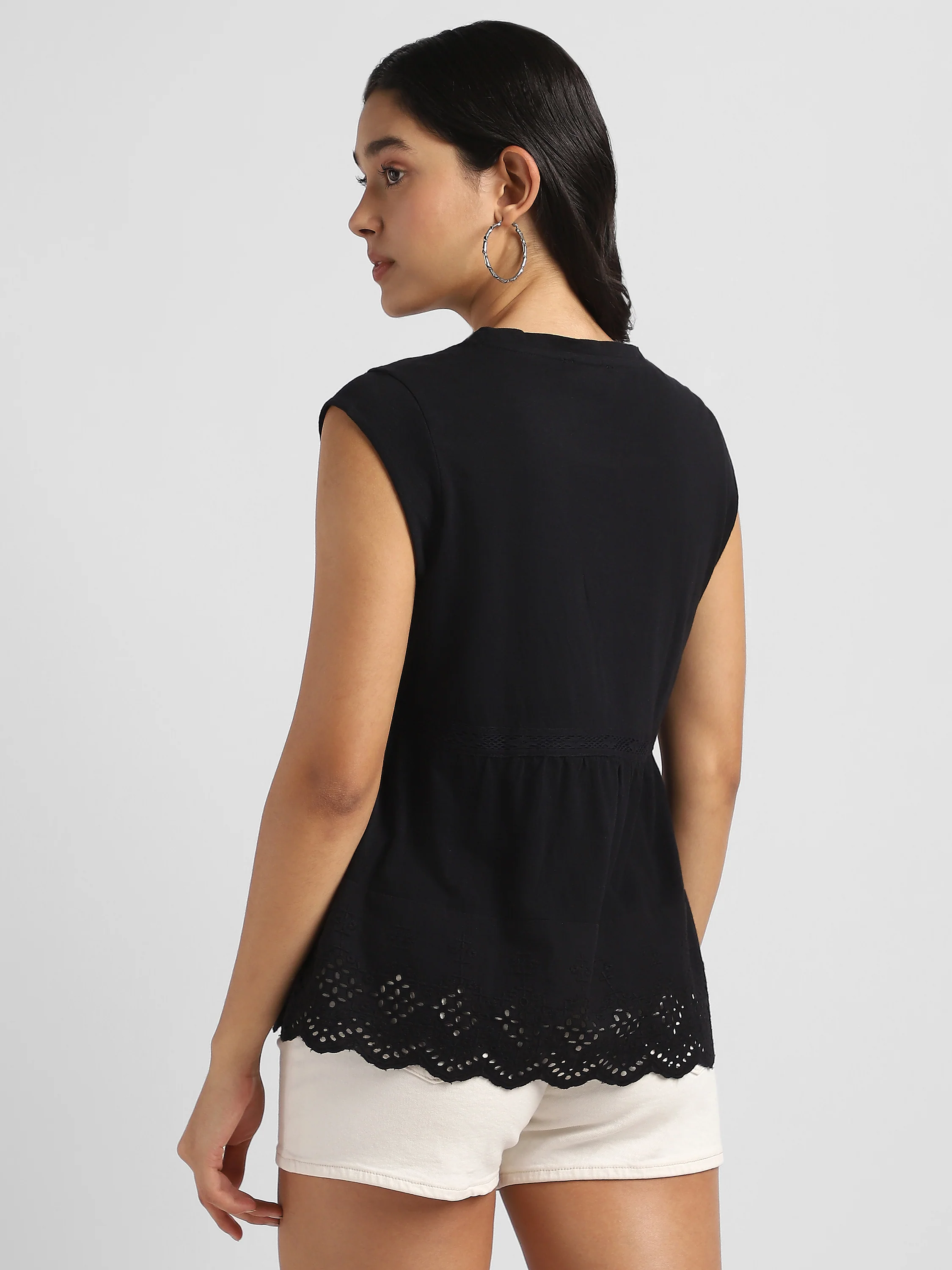 Women Black Embroidered Top with Schiffli  Inserts - Image 2