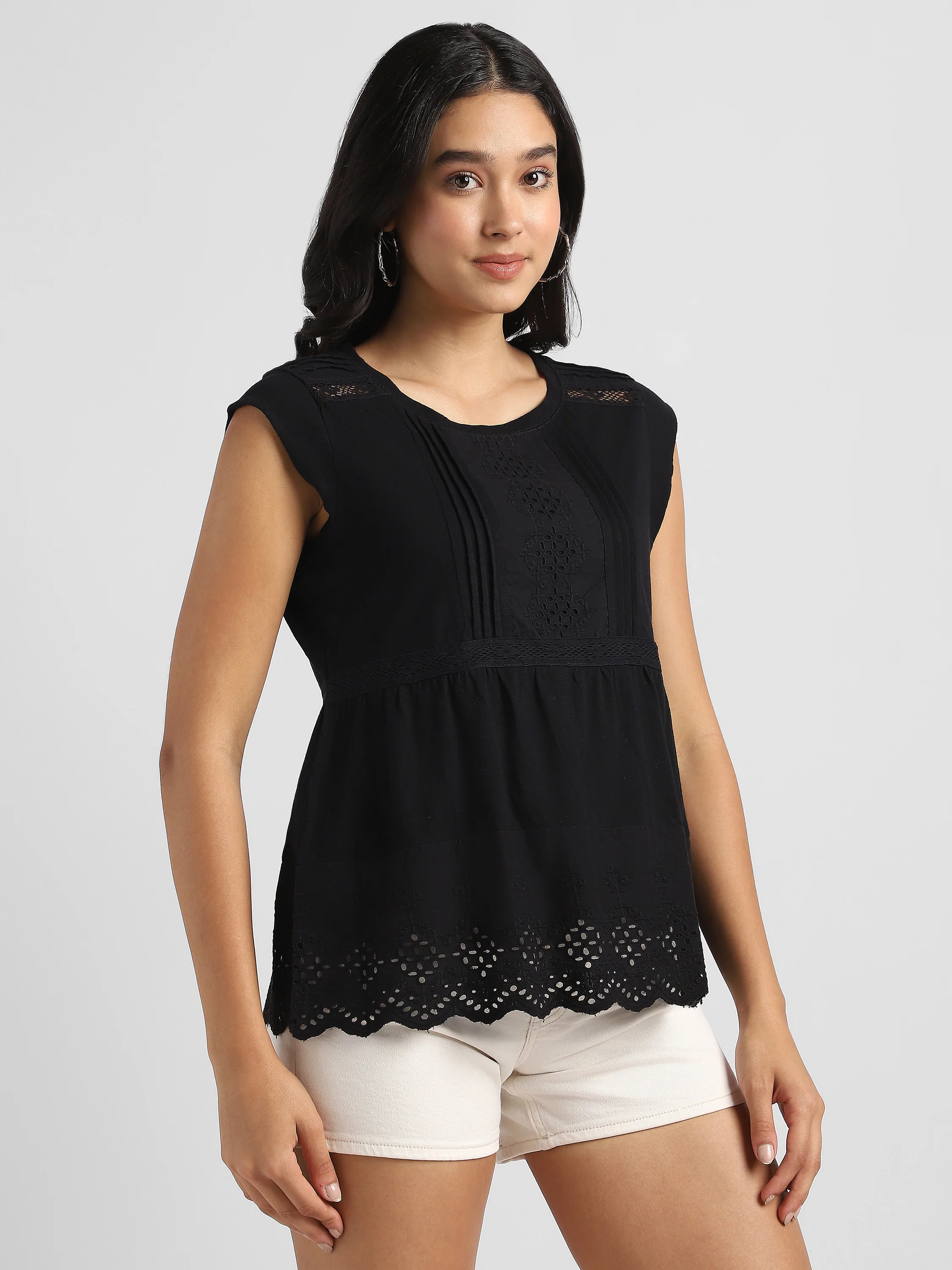 Women Black Embroidered Top with Schiffli  Inserts - Image 3