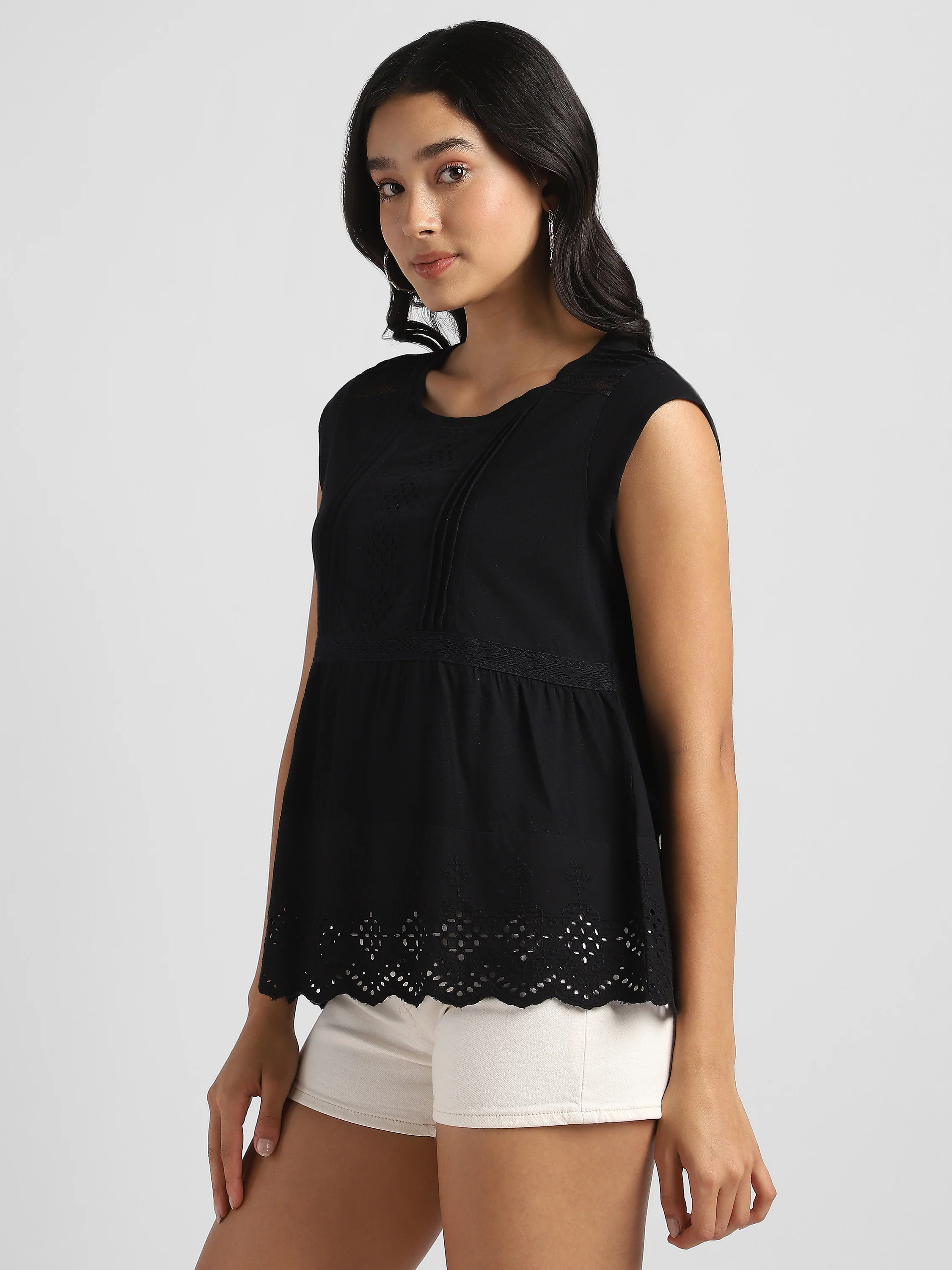 Women Black Embroidered Top with Schiffli  Inserts - Image 5