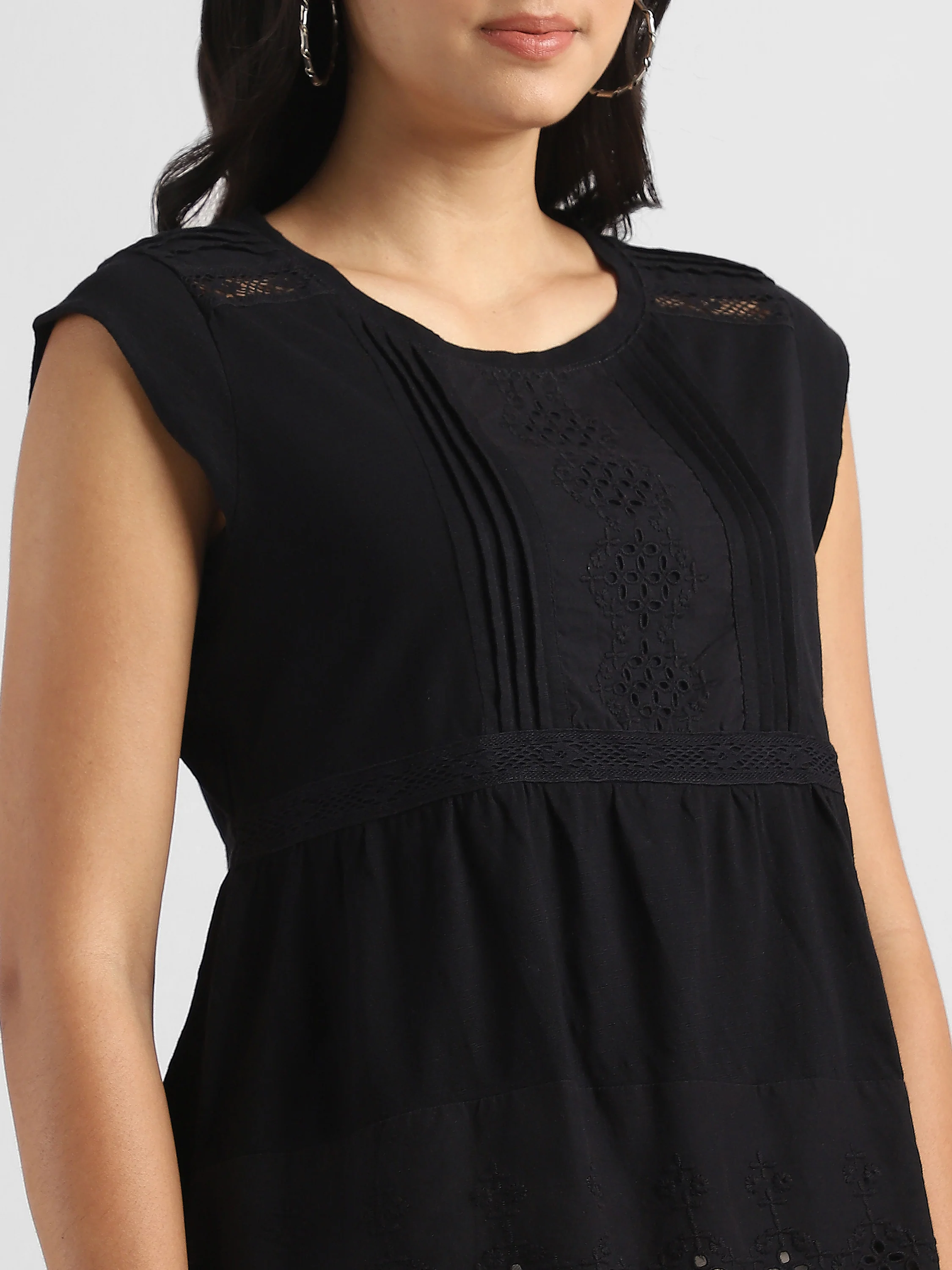 Women Black Embroidered Top with Schiffli  Inserts - Image 6
