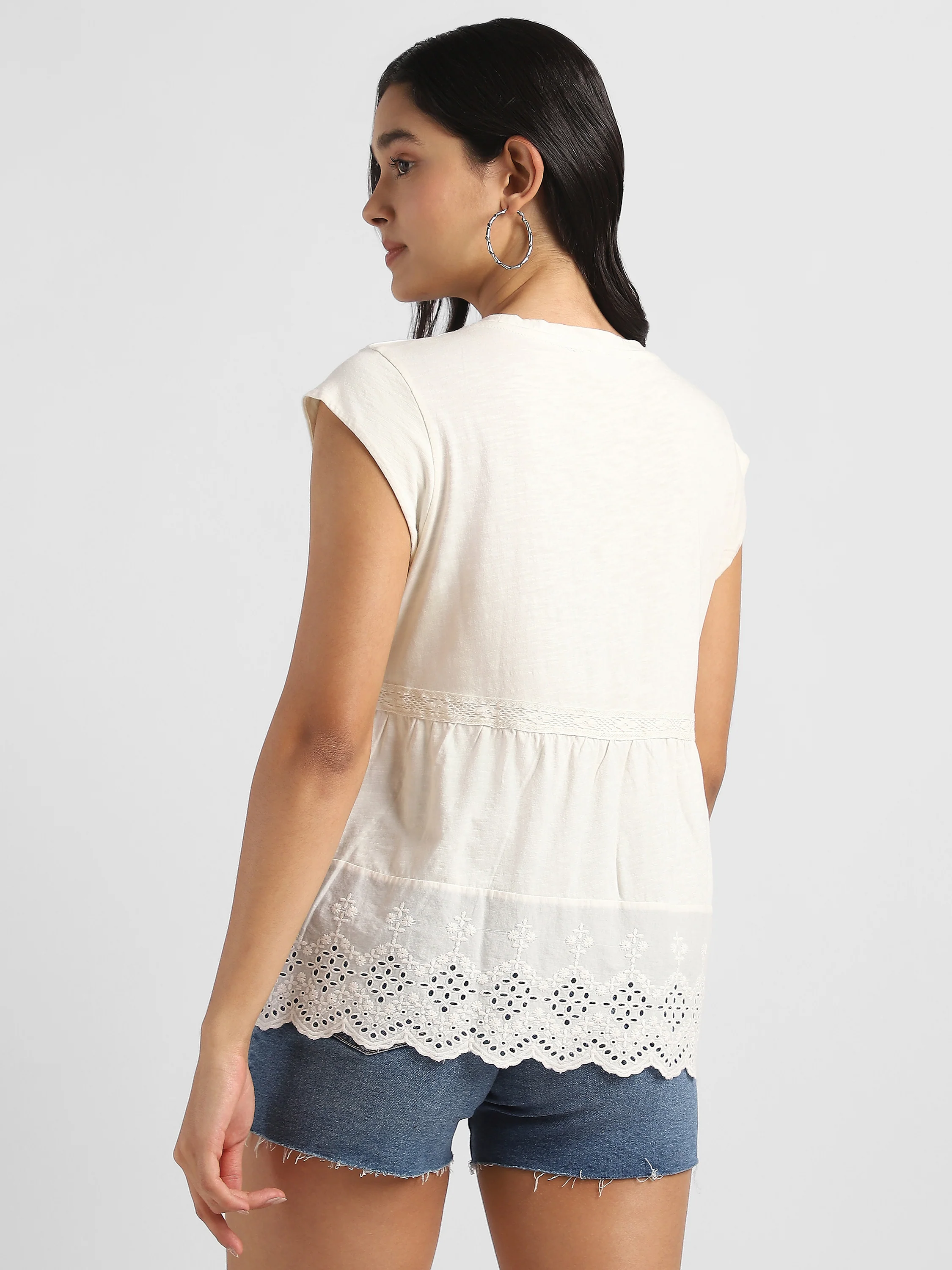 Women White Embroidered Top with Schiffli Inserts - Image 2