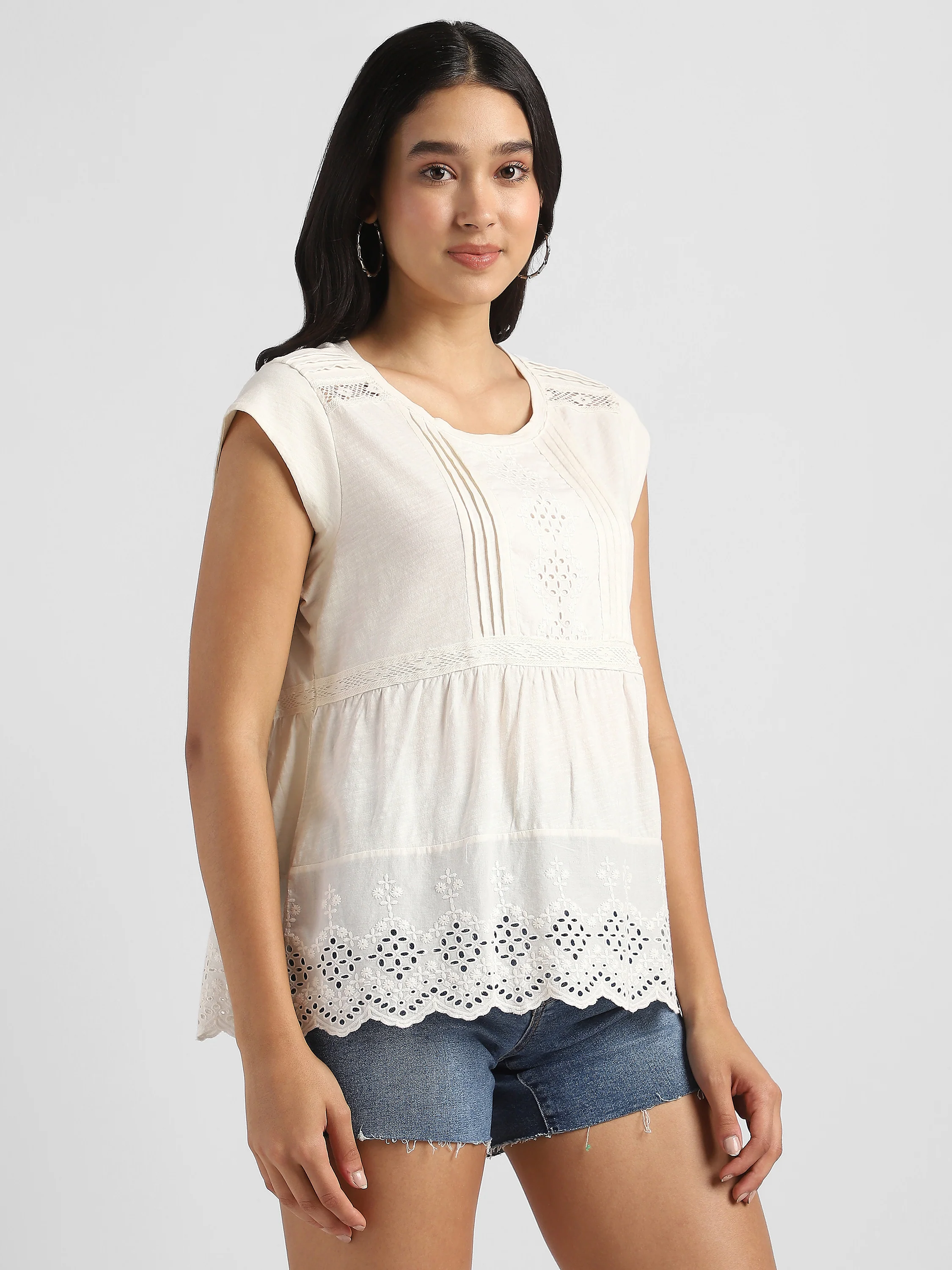 Women White Embroidered Top with Schiffli Inserts - Image 3