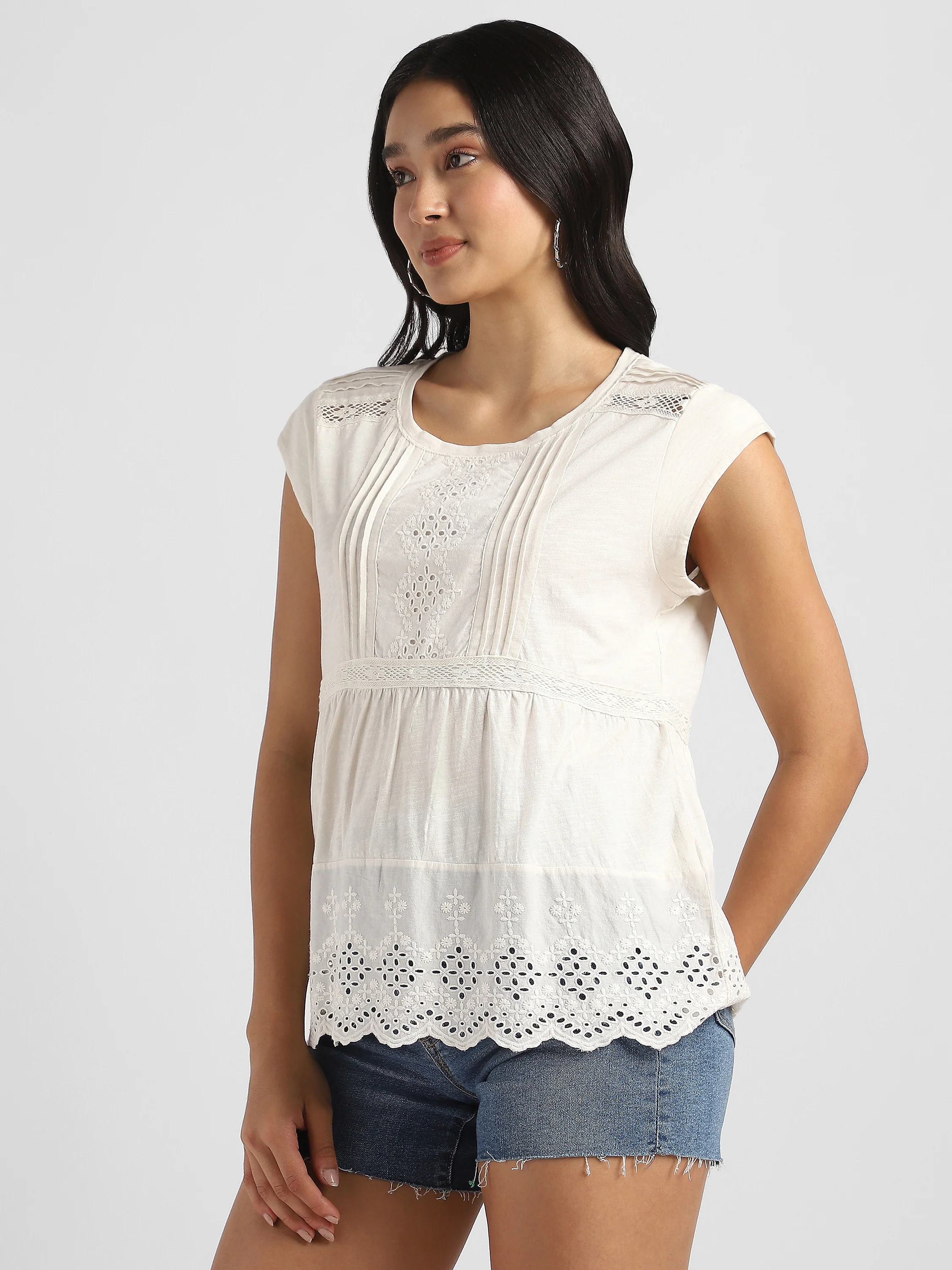 Women White Embroidered Top with Schiffli Inserts - Image 5