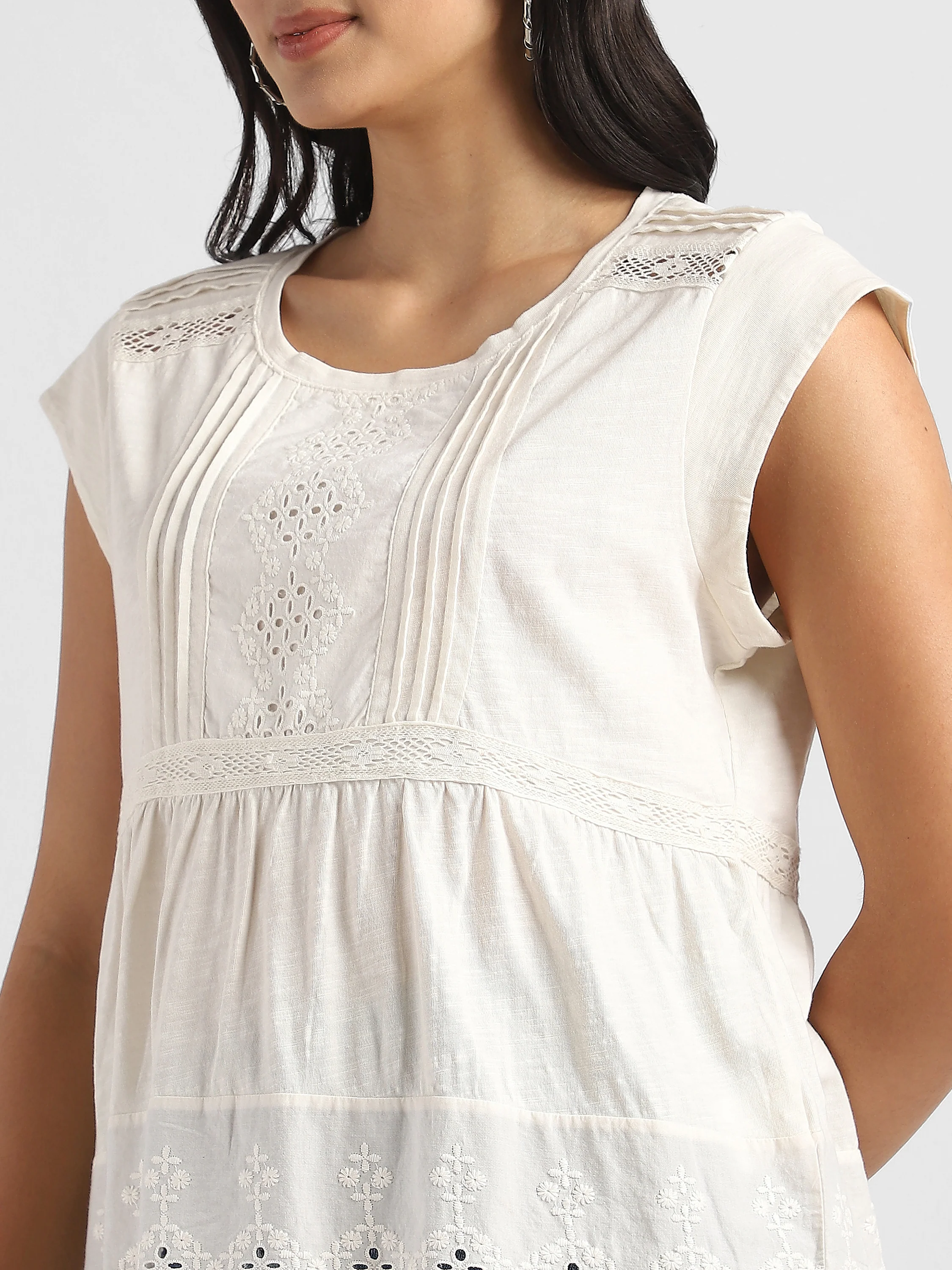 Women White Embroidered Top with Schiffli Inserts - Image 6