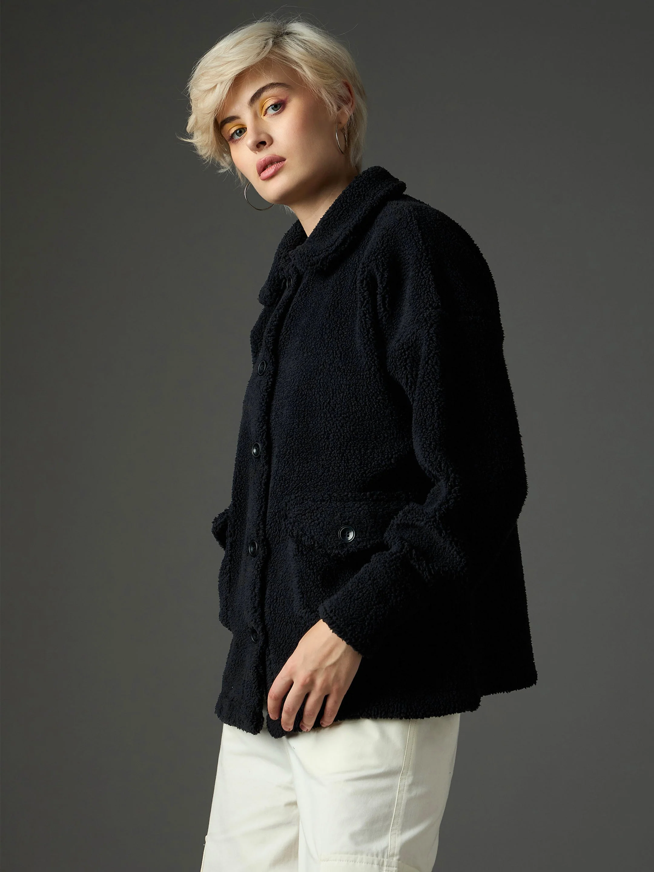 Women Black Faux Fur Oversized Jacket - Image 3