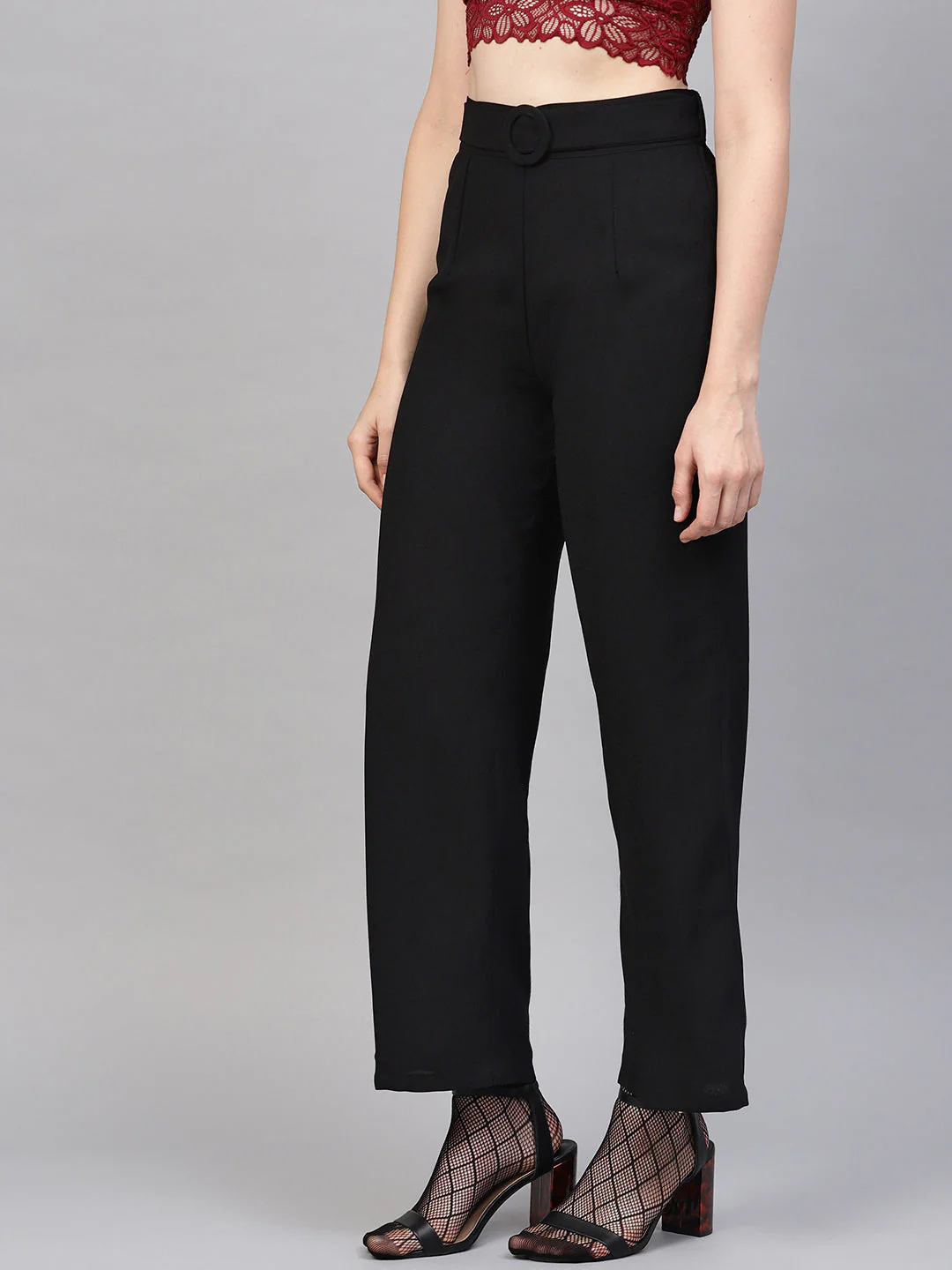 Women Black Flared Buckle Belted Pant - Image 2