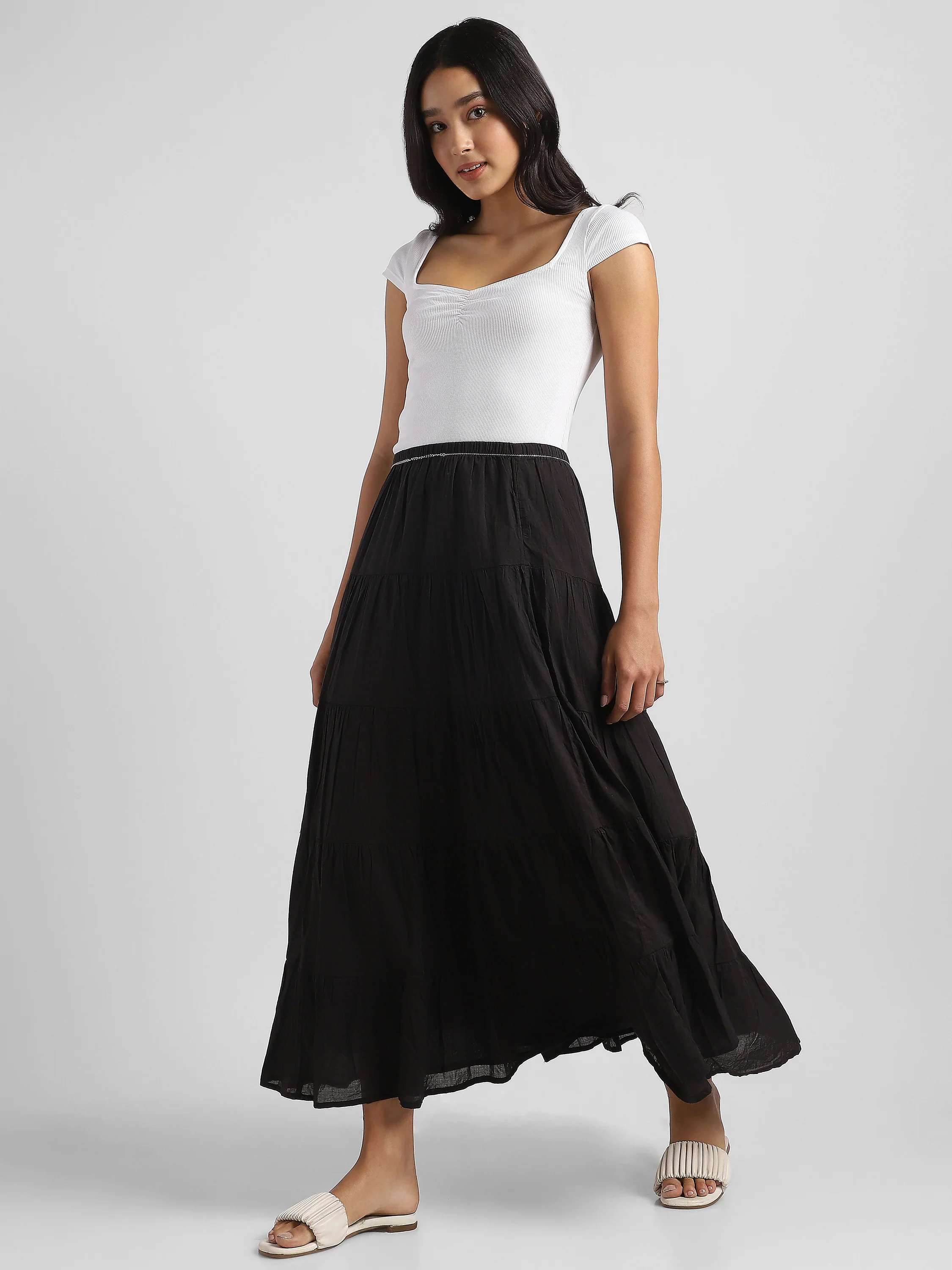 Women Black Flared Tier Maxi Skirt - Image 2