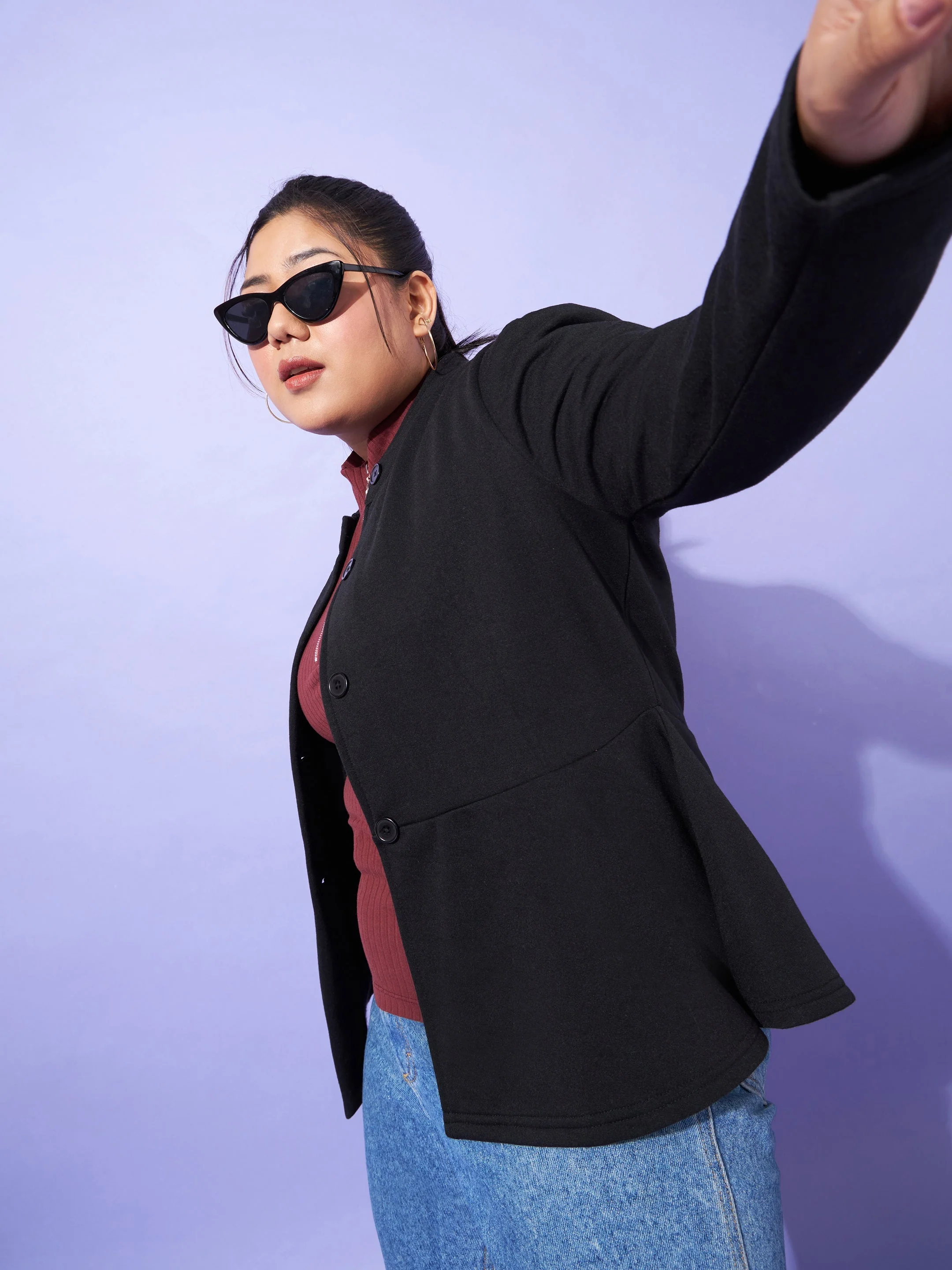 Women Black Fleece Button Peplum Jacket - Image 2