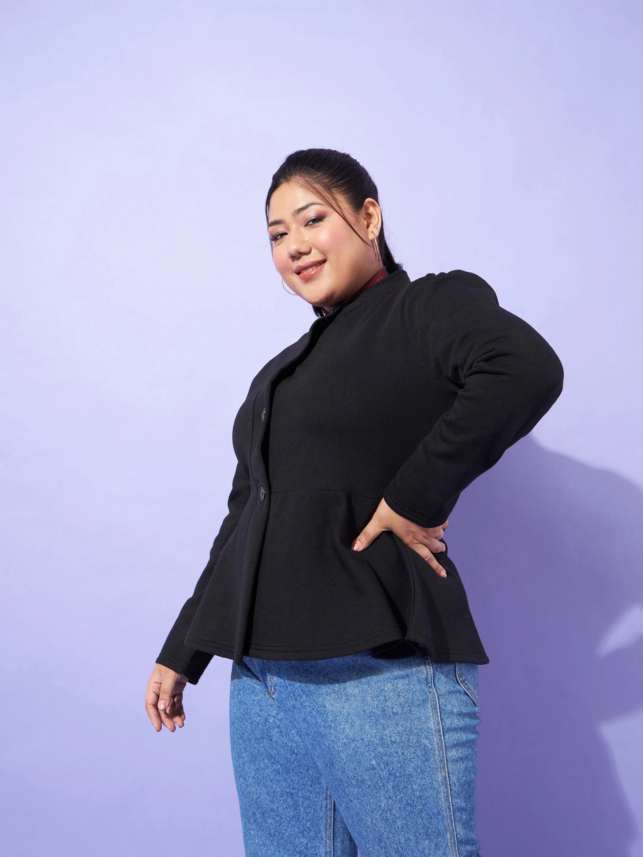 Women Black Fleece Button Peplum Jacket - Image 3