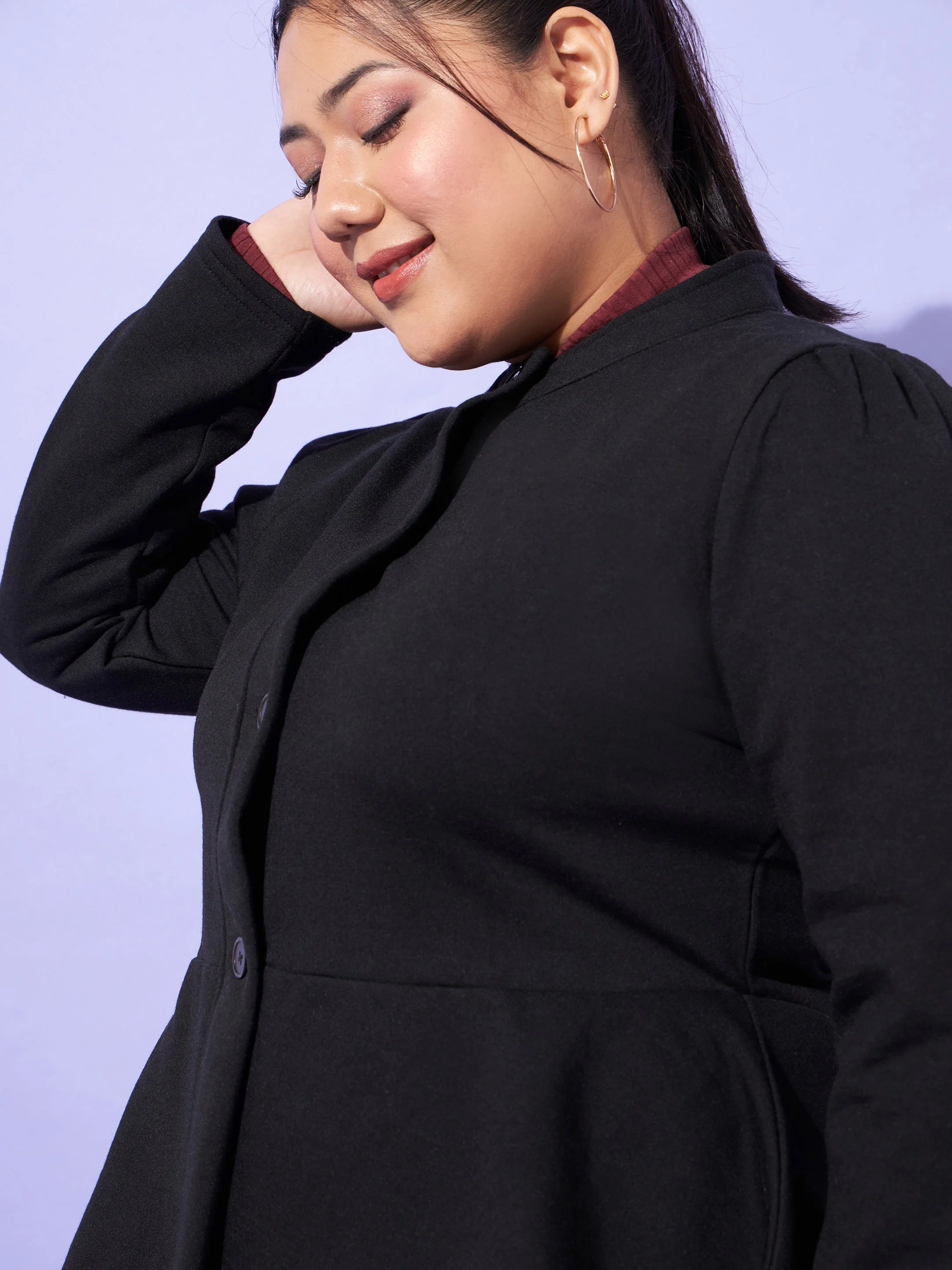 Women Black Fleece Button Peplum Jacket - Image 4