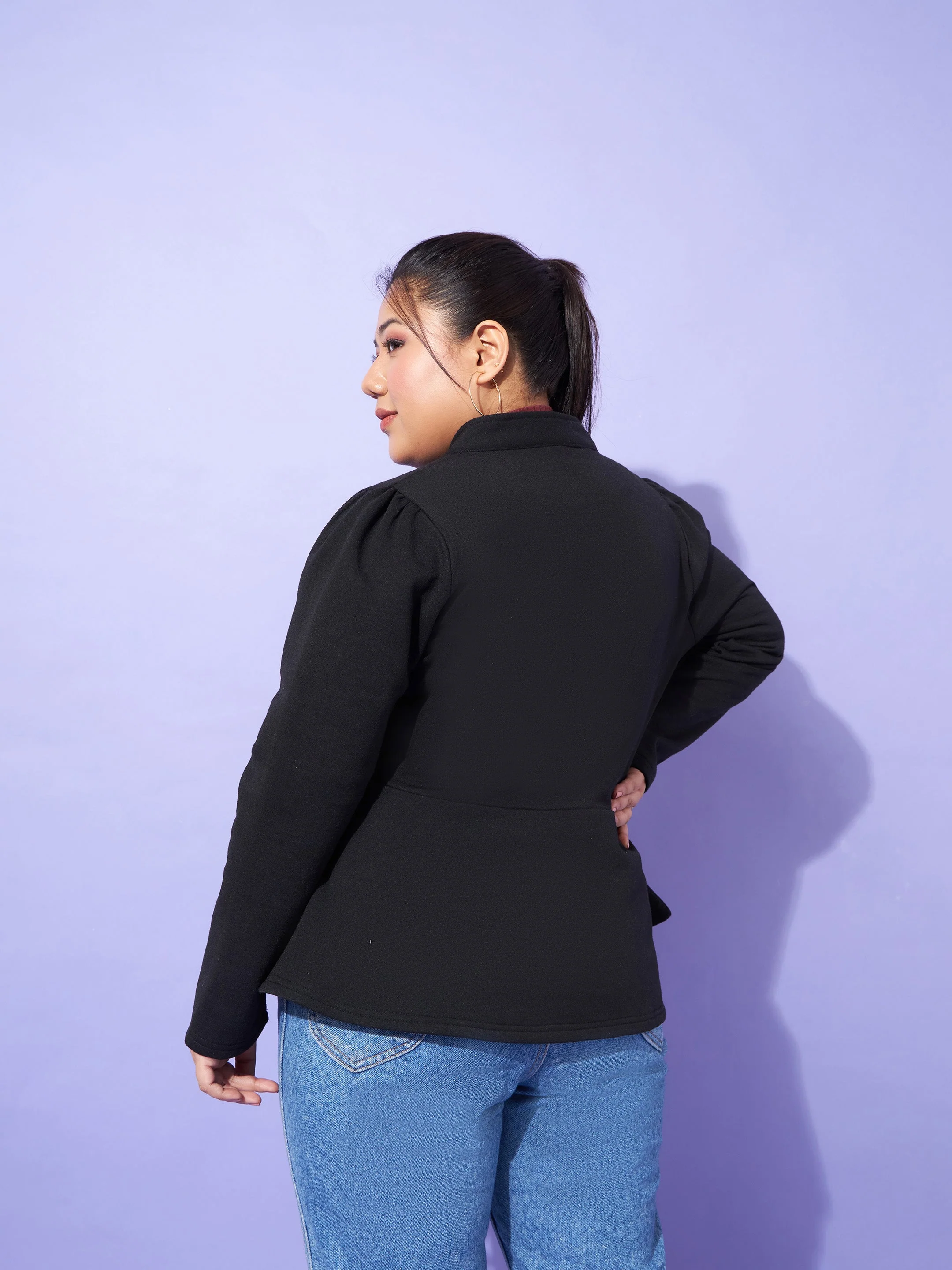Women Black Fleece Button Peplum Jacket - Image 5