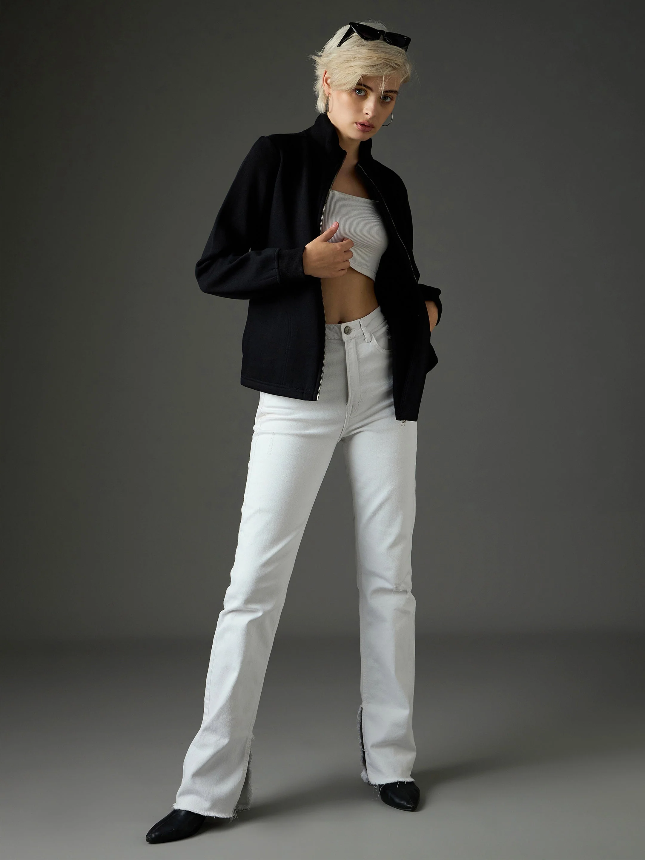 Women Black Fleece Front Zipper Jacket - Image 2