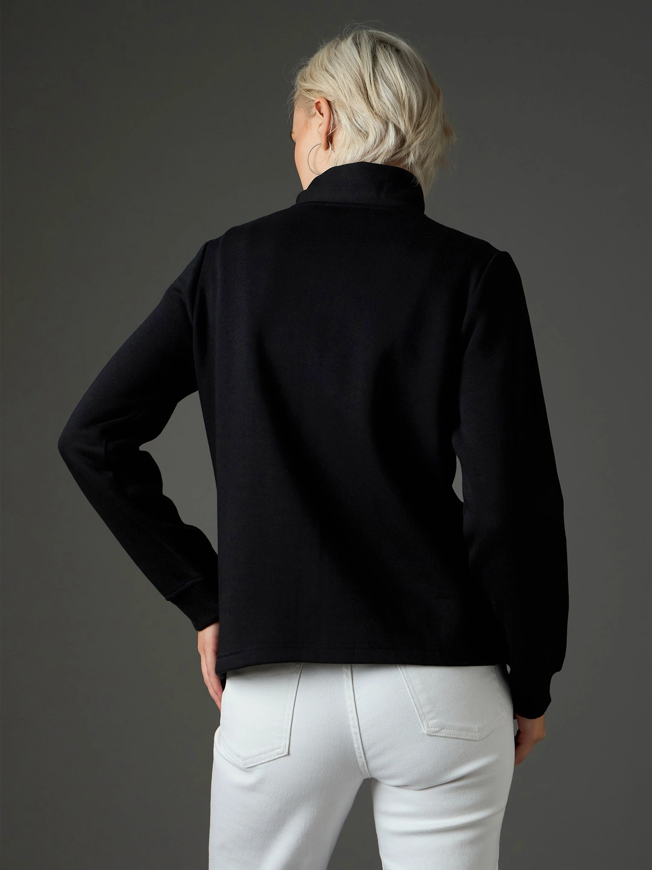 Women Black Fleece Front Zipper Jacket - Image 5