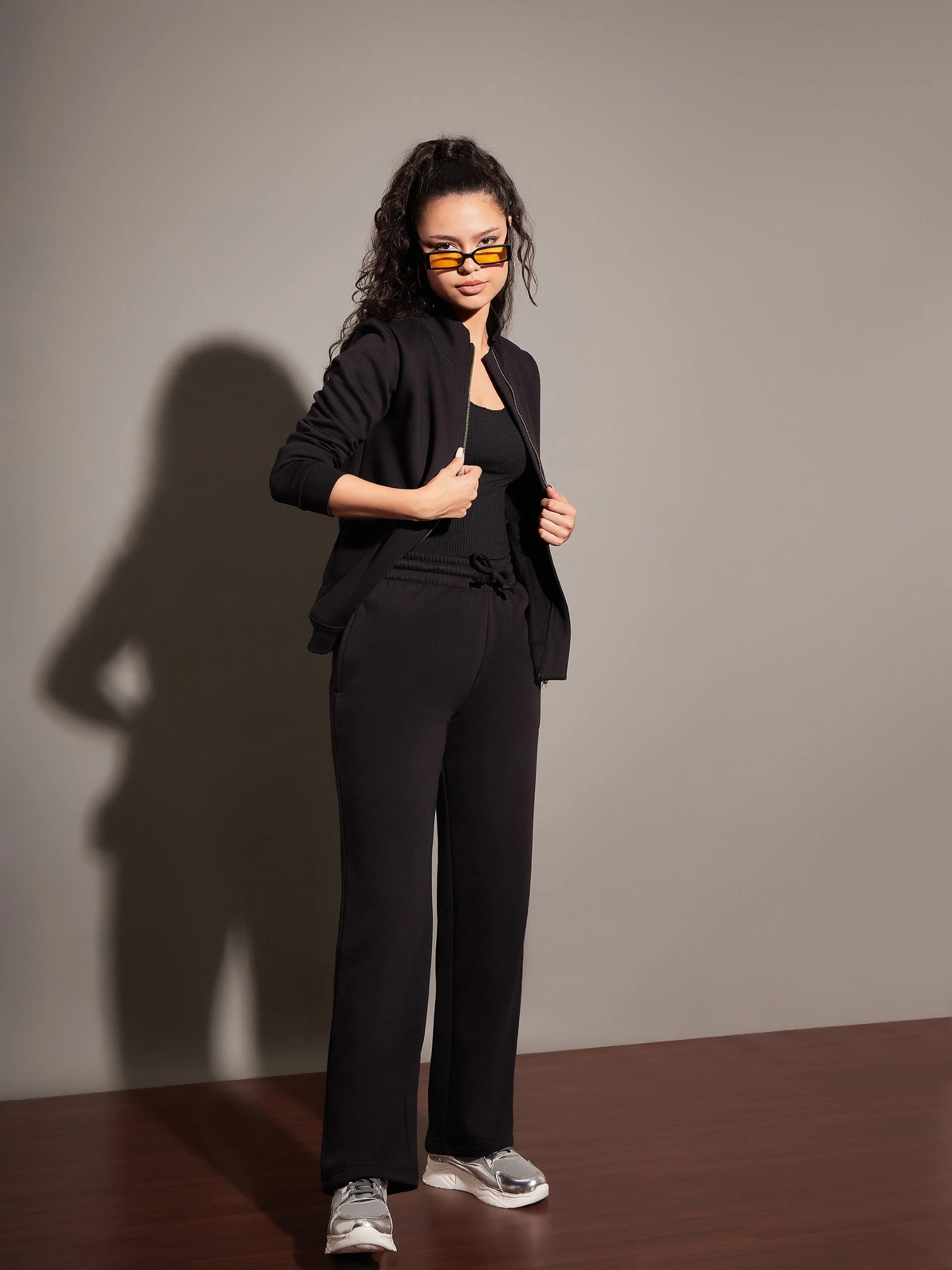 Women Black Fleece Track Pants - Image 2