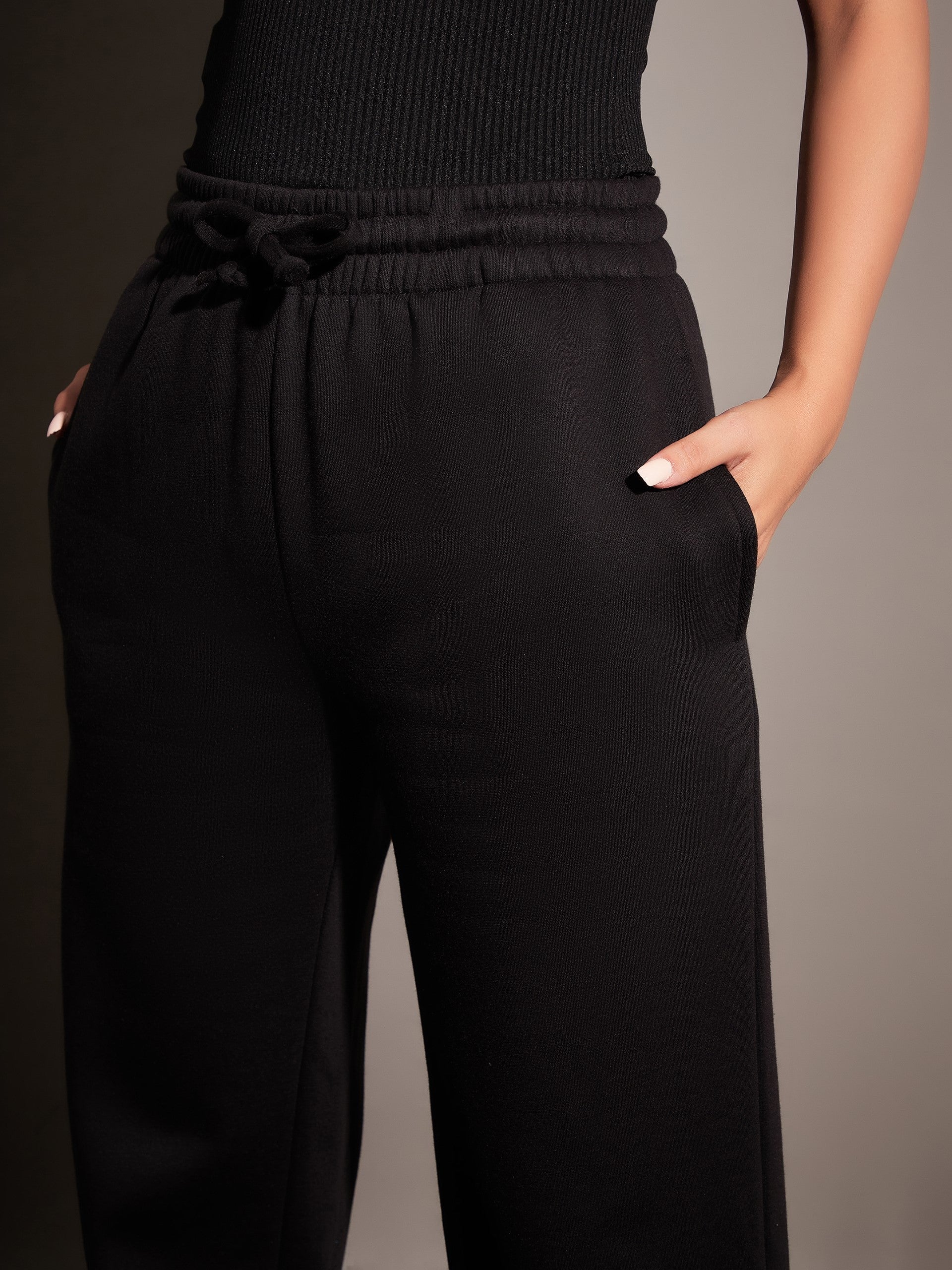 Women Black Fleece Track Pants - Image 4