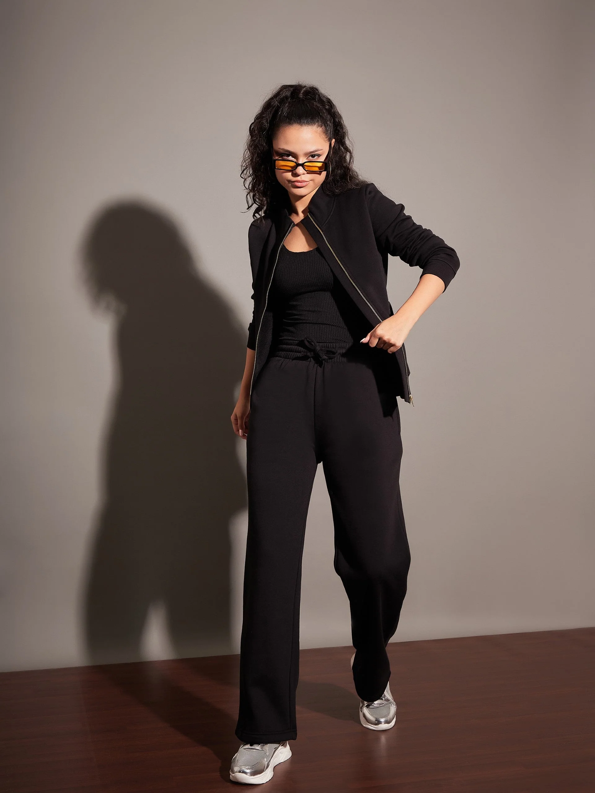 Women Black Fleece Zipper Jacket - Image 2