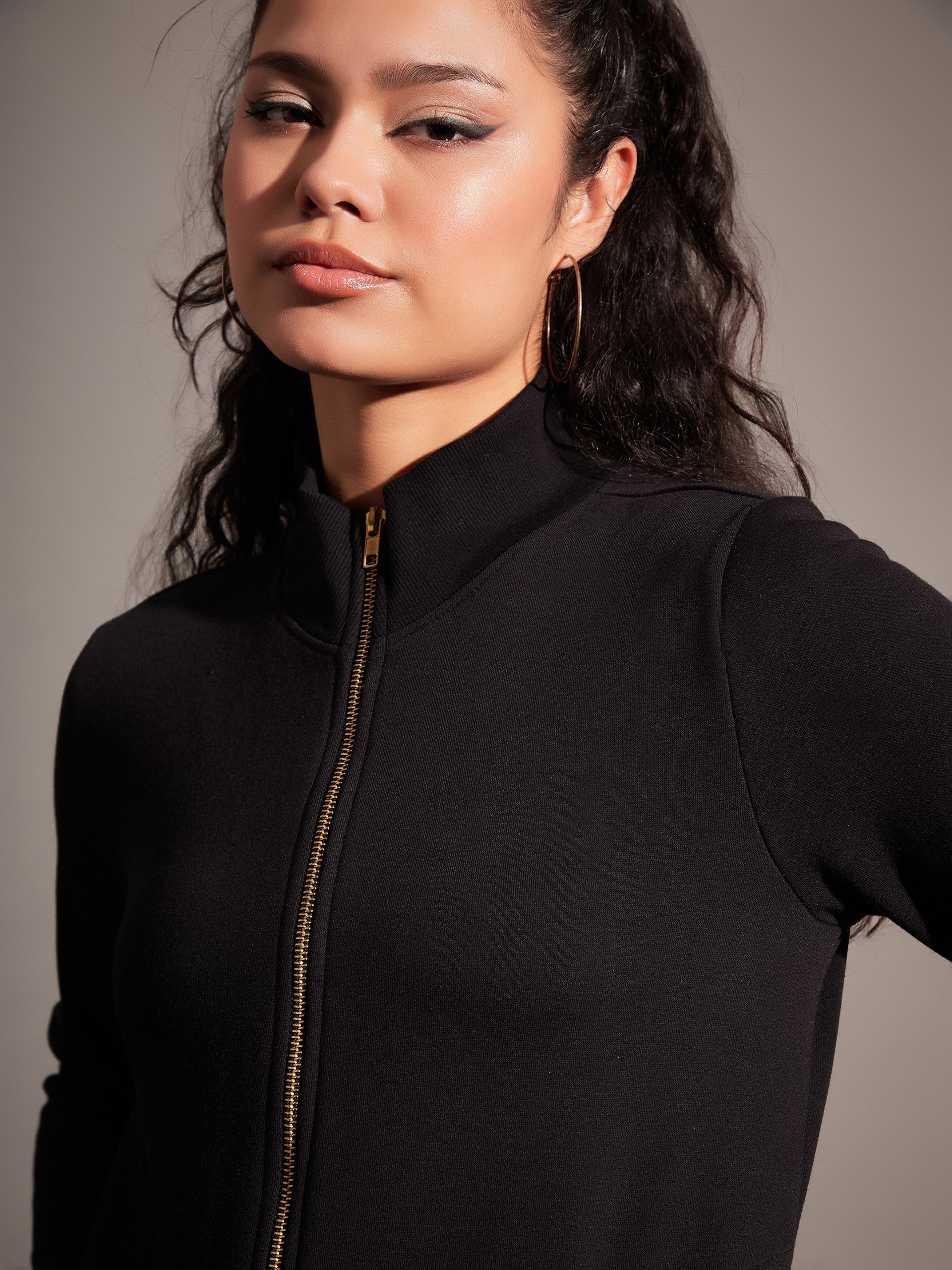 Women Black Fleece Zipper Jacket - Image 4