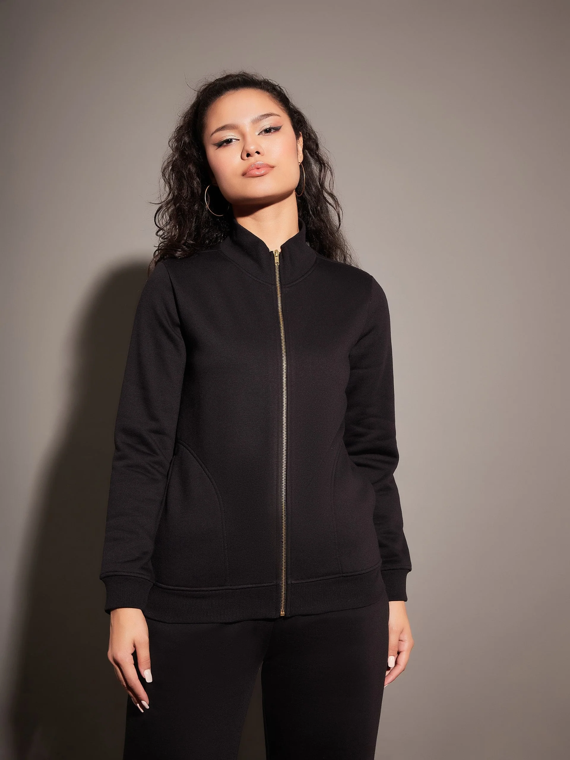 Women Black Fleece Zipper Jacket - Image 6