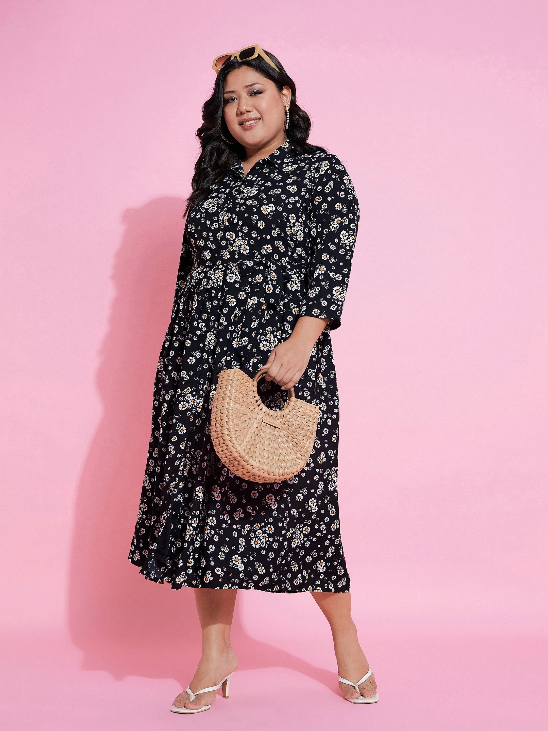Women Black Floral Belted Midi Shirt Dress - Image 2