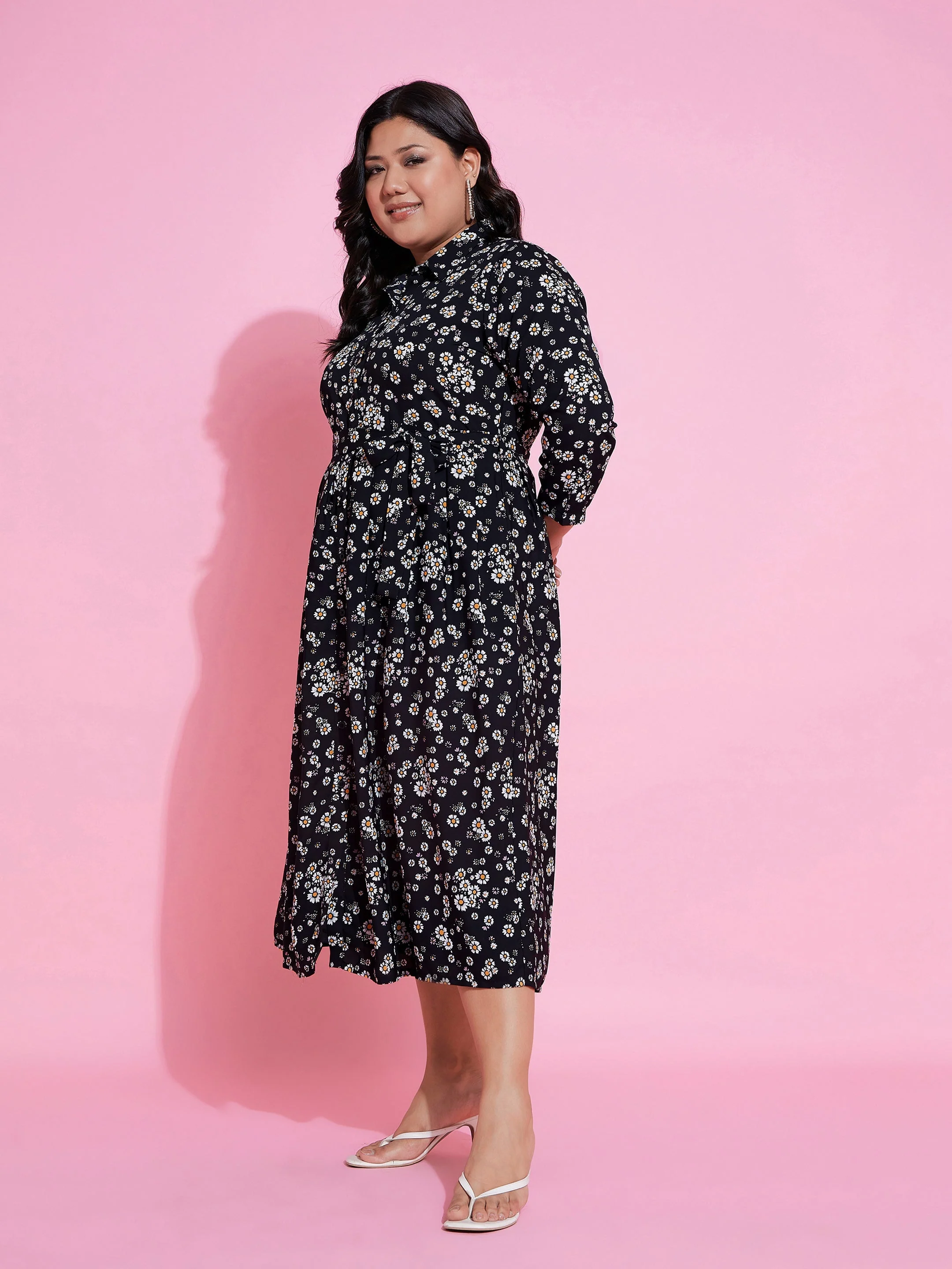 Women Black Floral Belted Midi Shirt Dress - Image 3