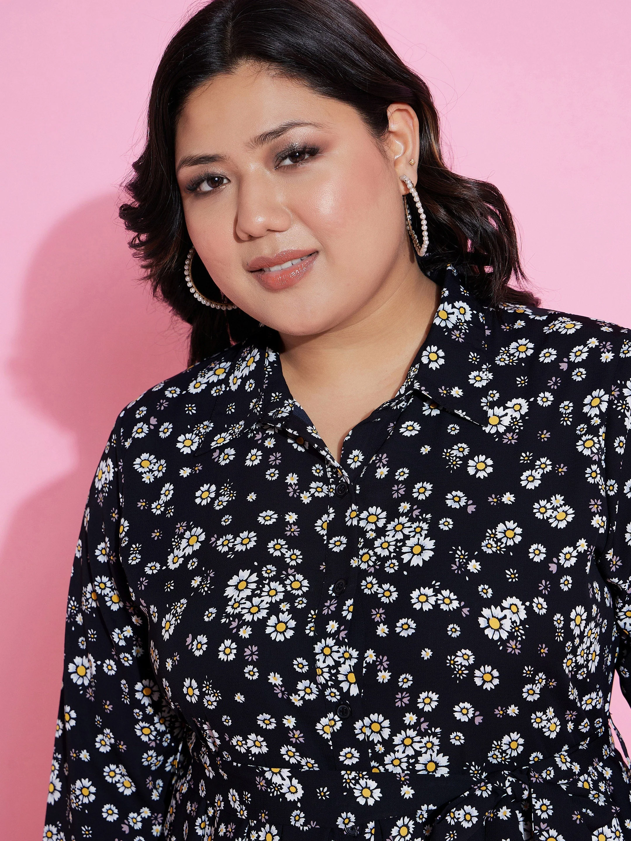 Women Black Floral Belted Midi Shirt Dress - Image 4