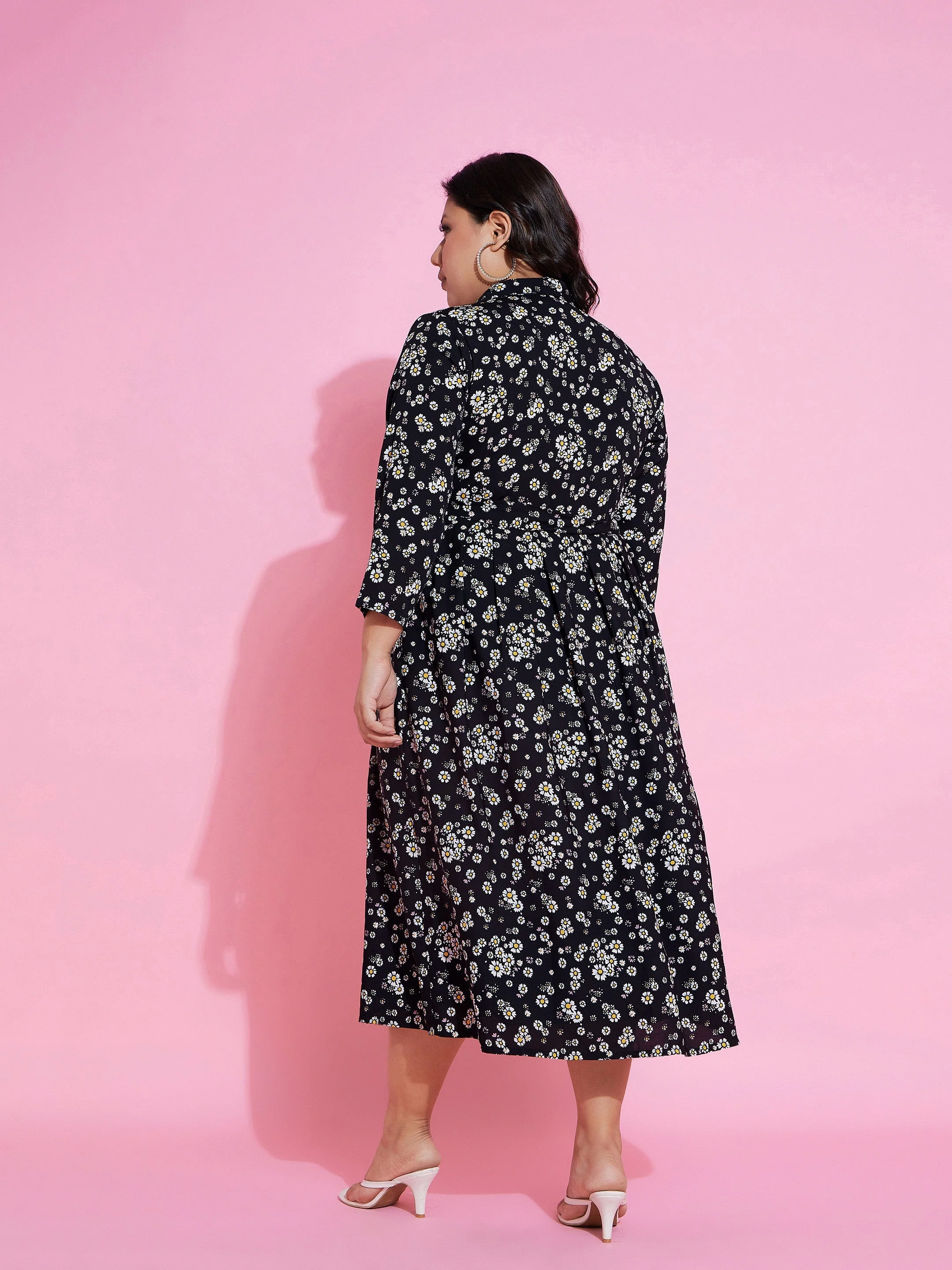 Women Black Floral Belted Midi Shirt Dress - Image 5