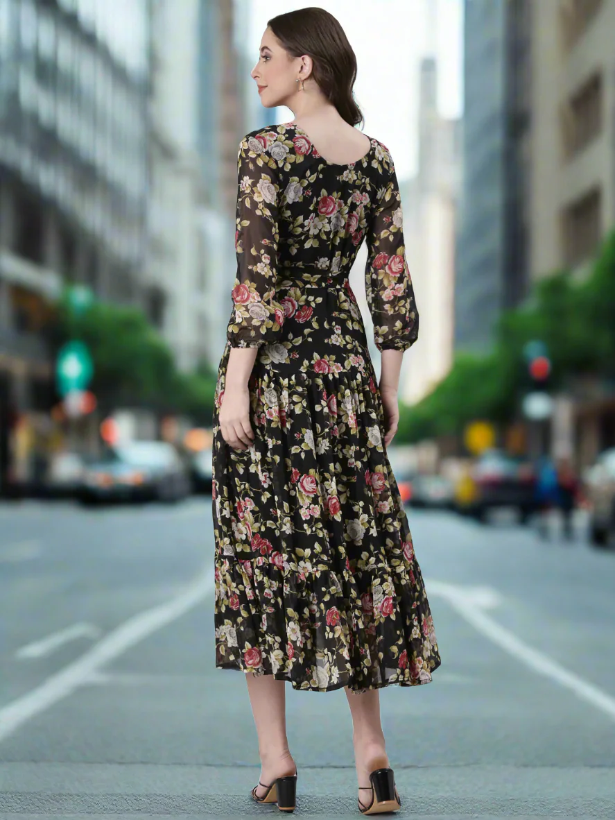 Women Black Floral Chiffon Dress - Image 2