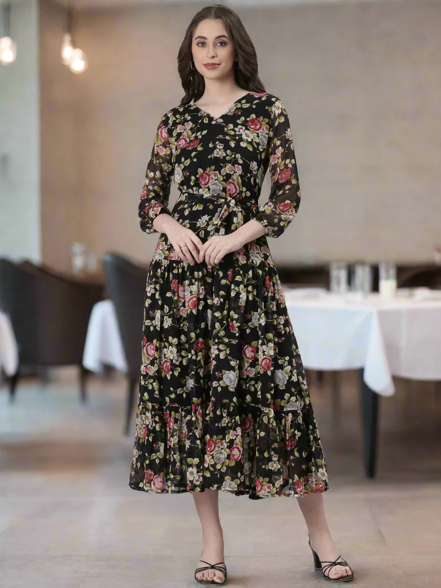 Women Black Floral Chiffon Dress - Image 3