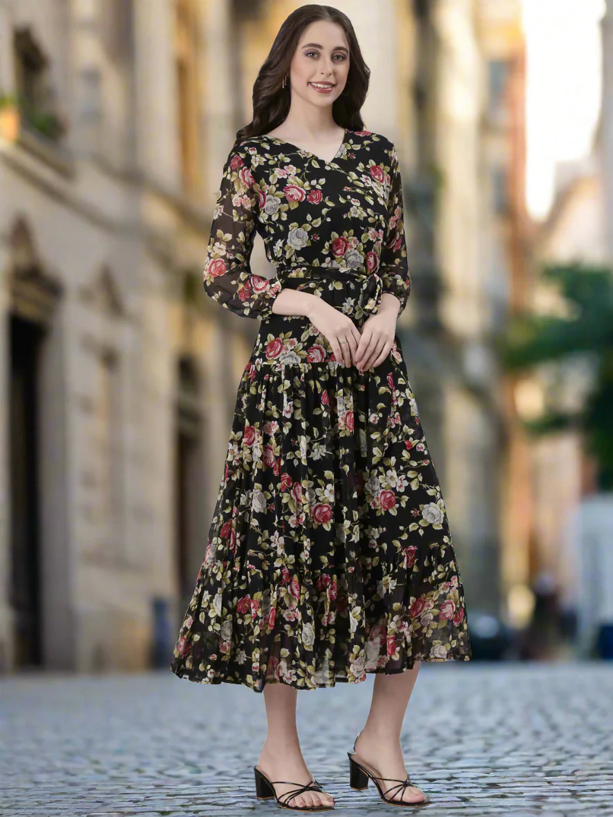 Women Black Floral Chiffon Dress - Image 4