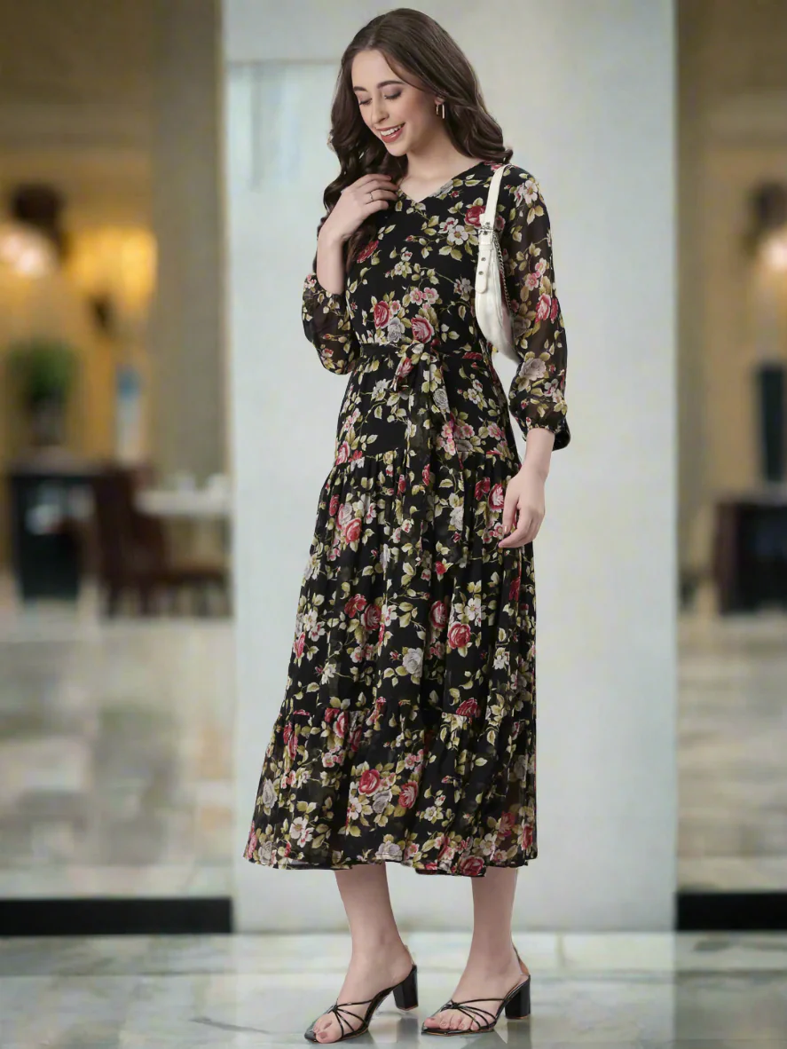Women Black Floral Chiffon Dress - Image 5