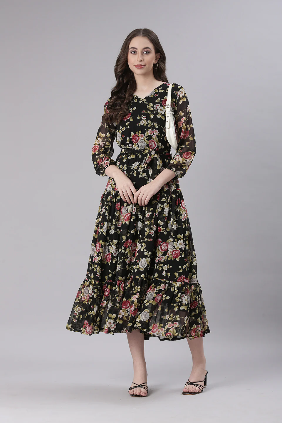 Women Black Floral Chiffon Dress - Image 6