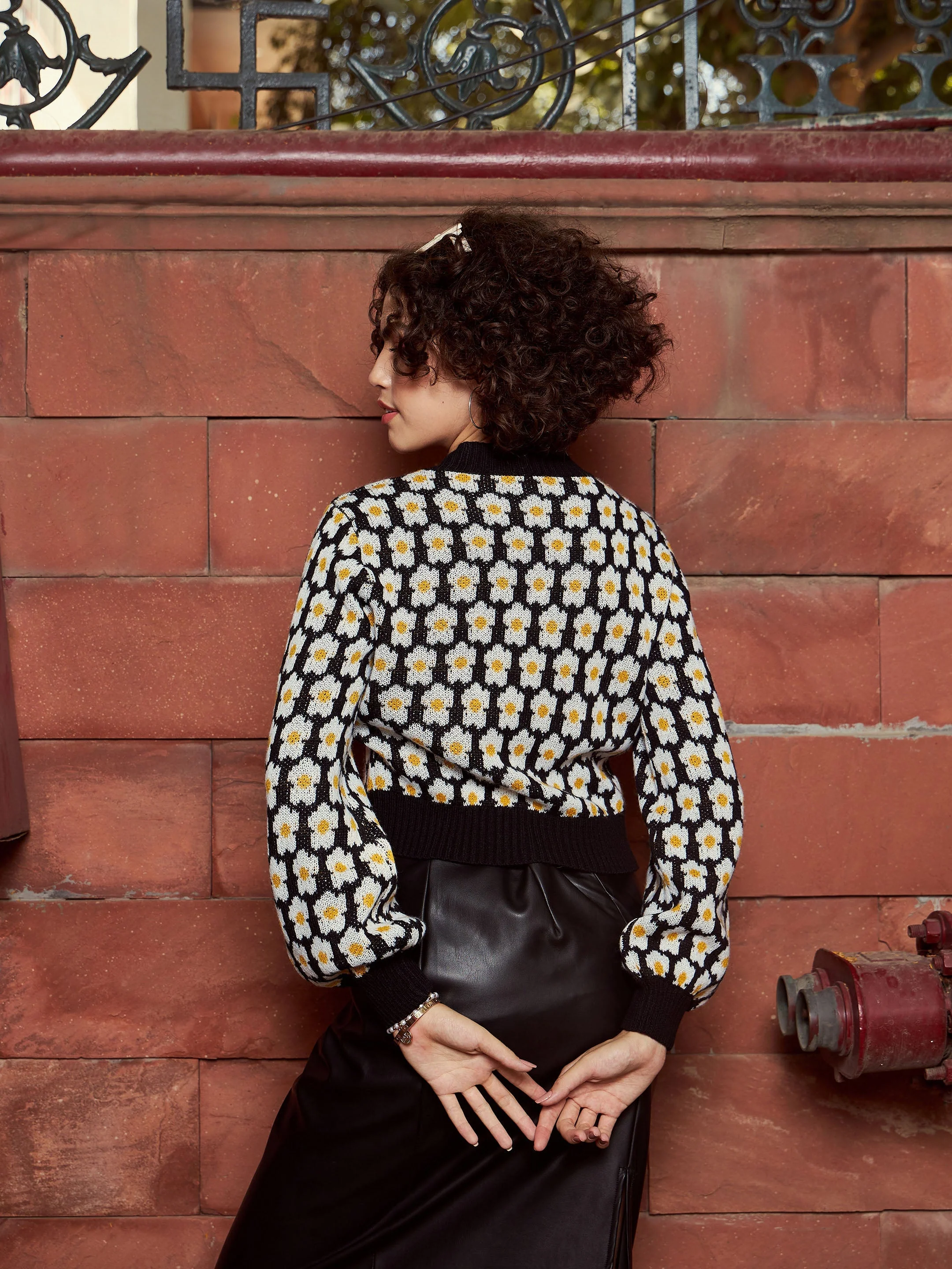 Women Black Floral Front Open Wool Cardigan - Image 2