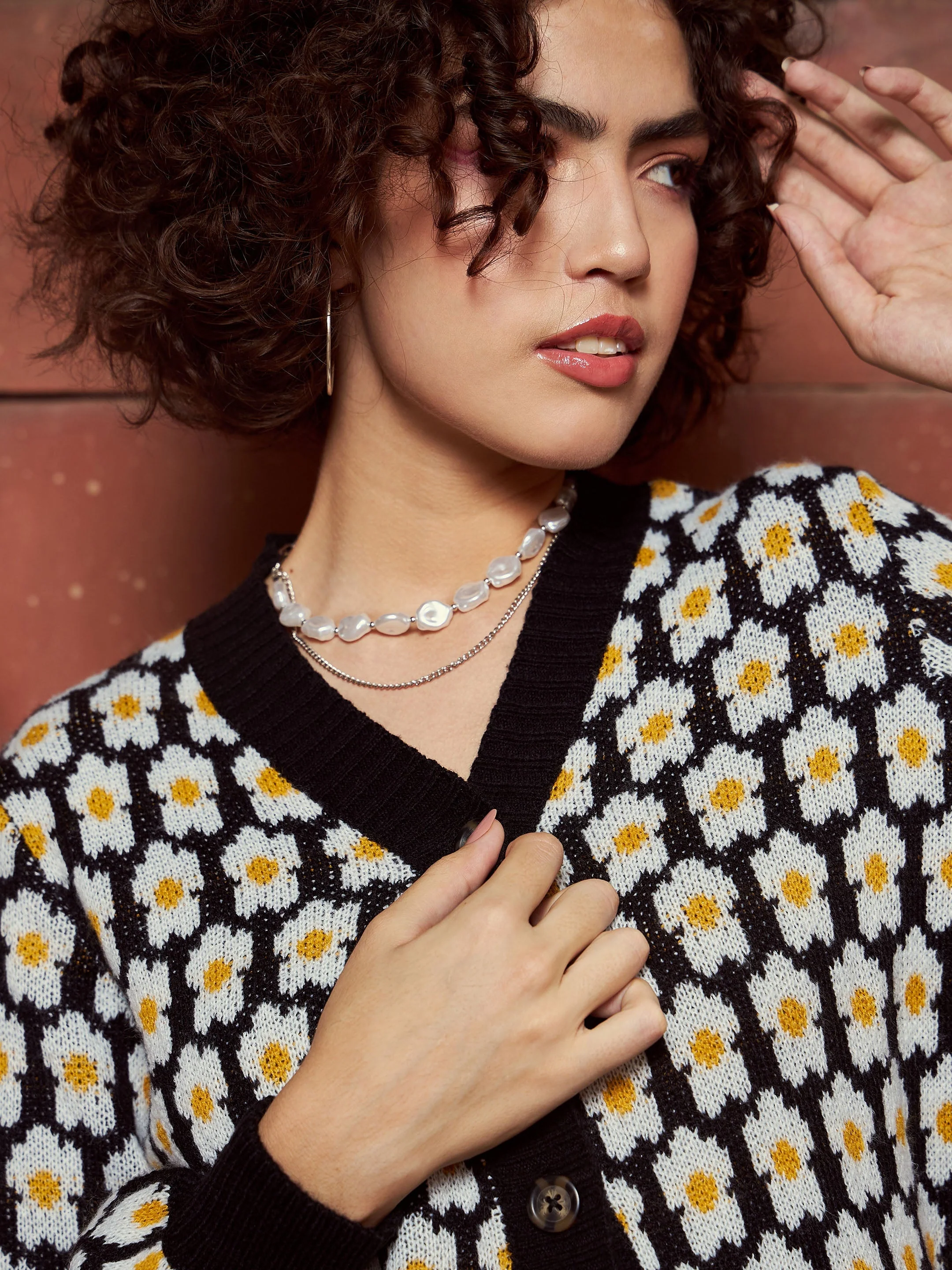Women Black Floral Front Open Wool Cardigan - Image 3