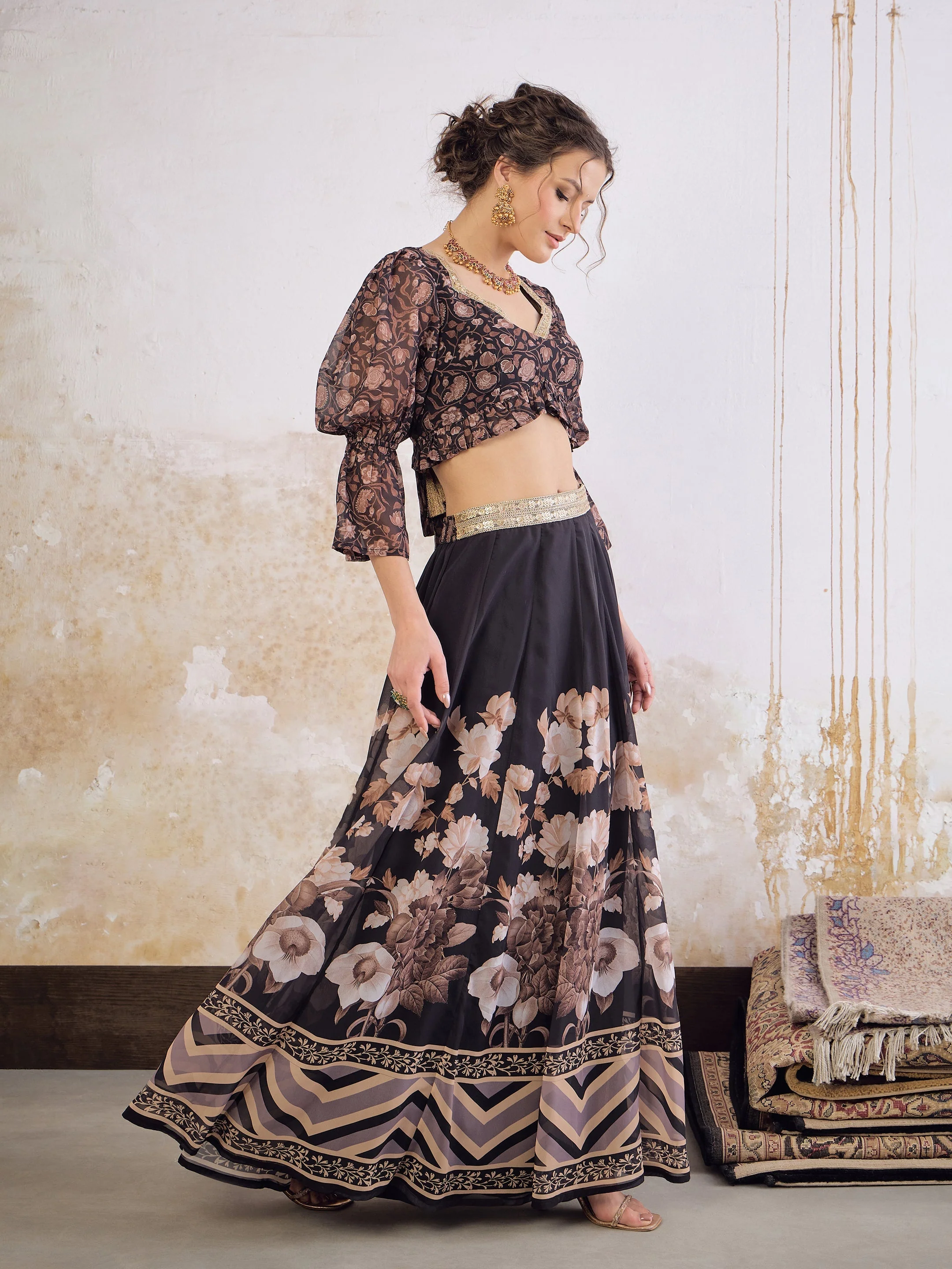 Women Black Floral Hem Frill Crop Top With Anarkali Skirt - Image 3