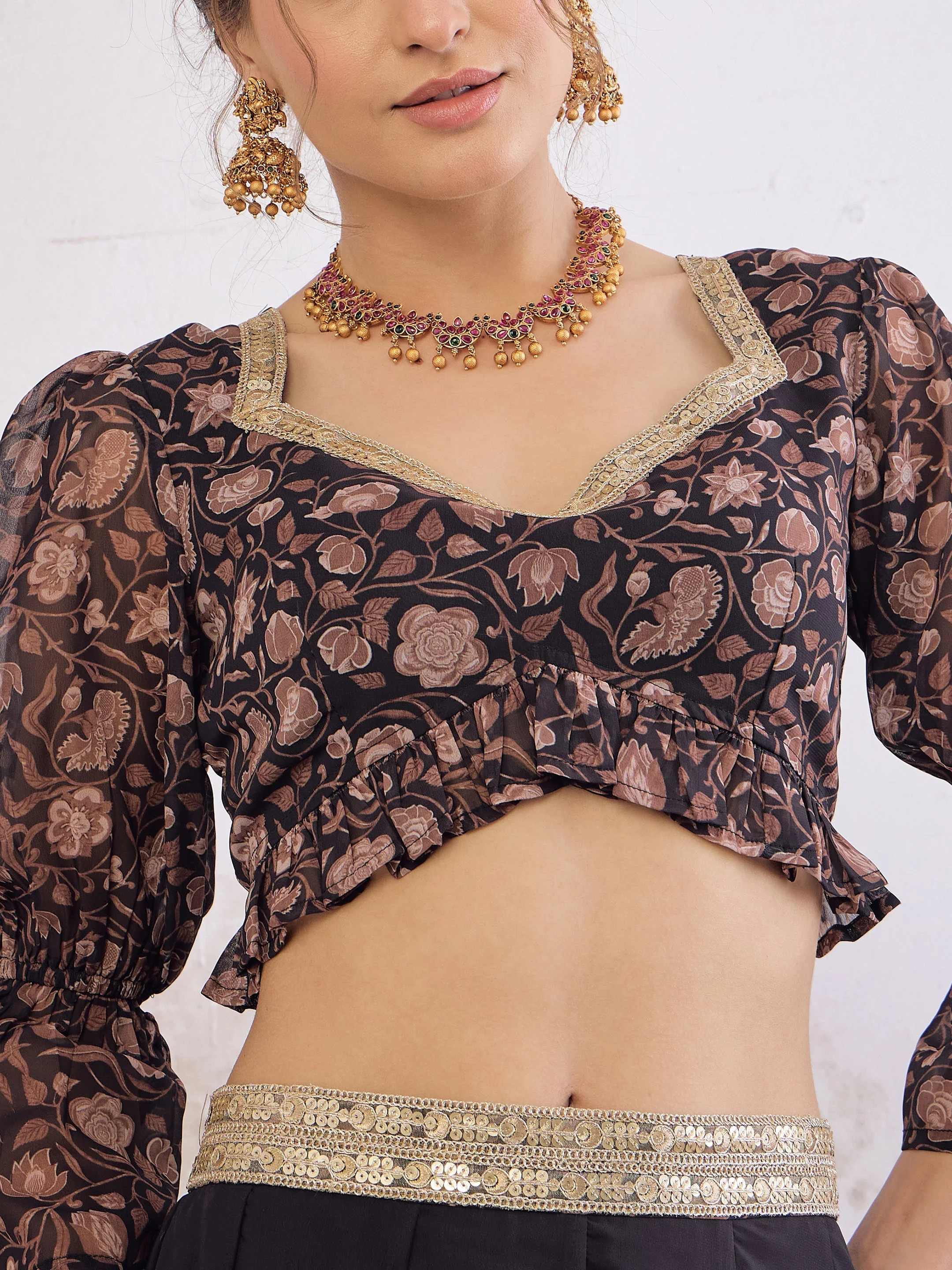 Women Black Floral Hem Frill Crop Top With Anarkali Skirt - Image 4