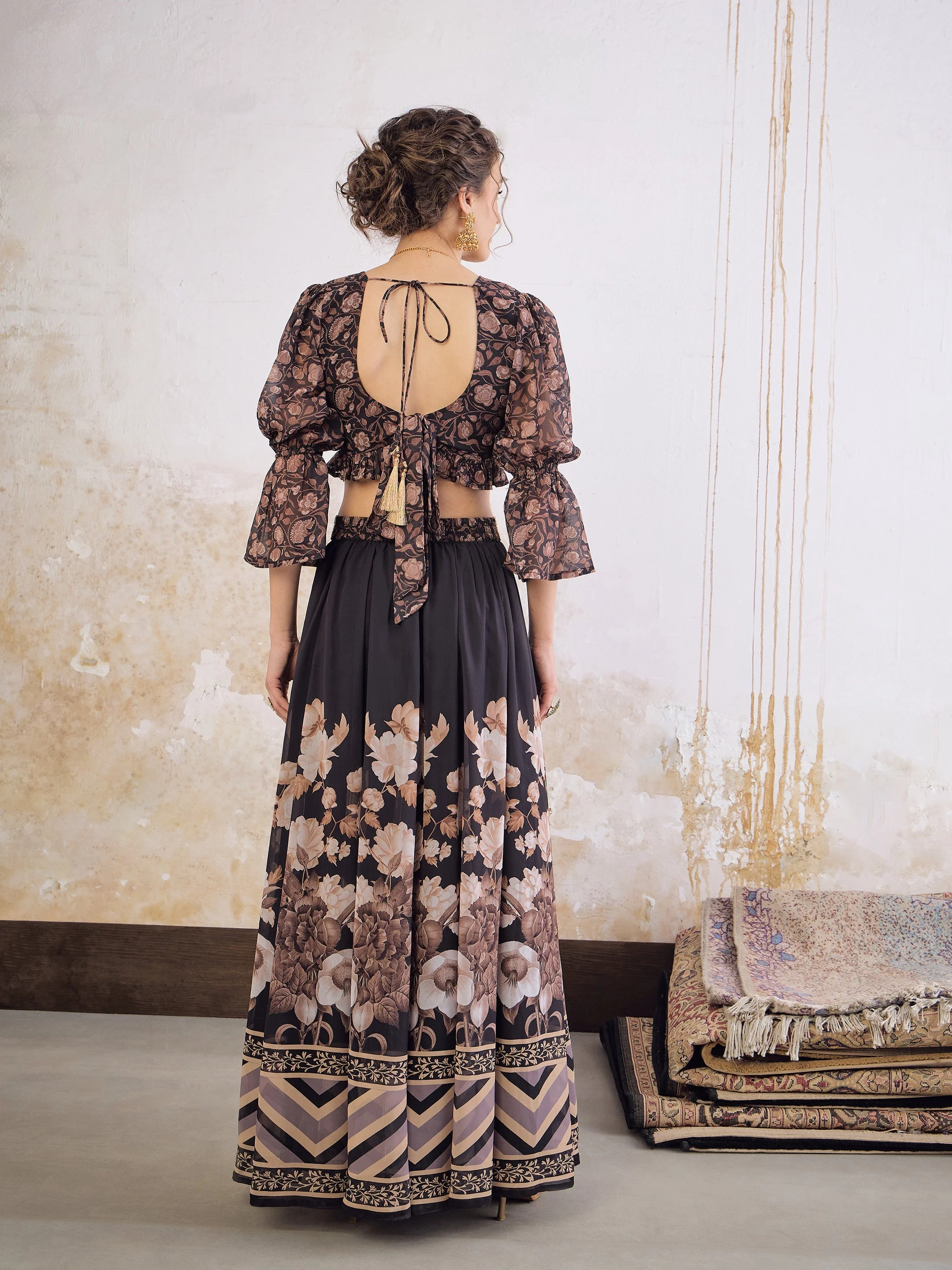 Women Black Floral Hem Frill Crop Top With Anarkali Skirt - Image 5