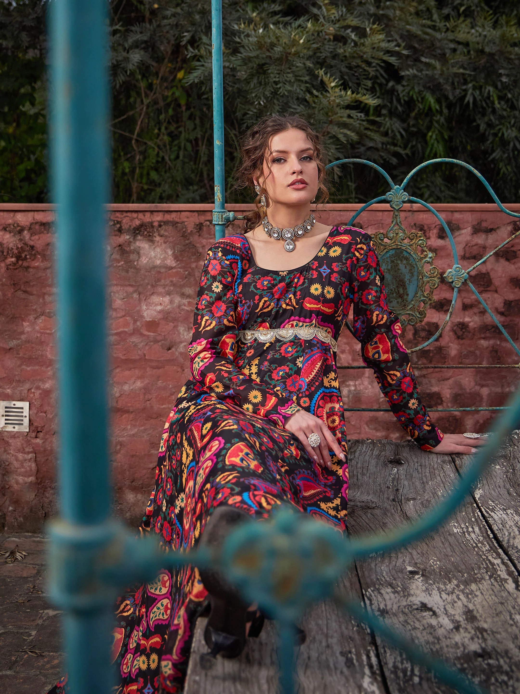 Women Black Floral Poly Muslin Anarkali Kurta - Image 2