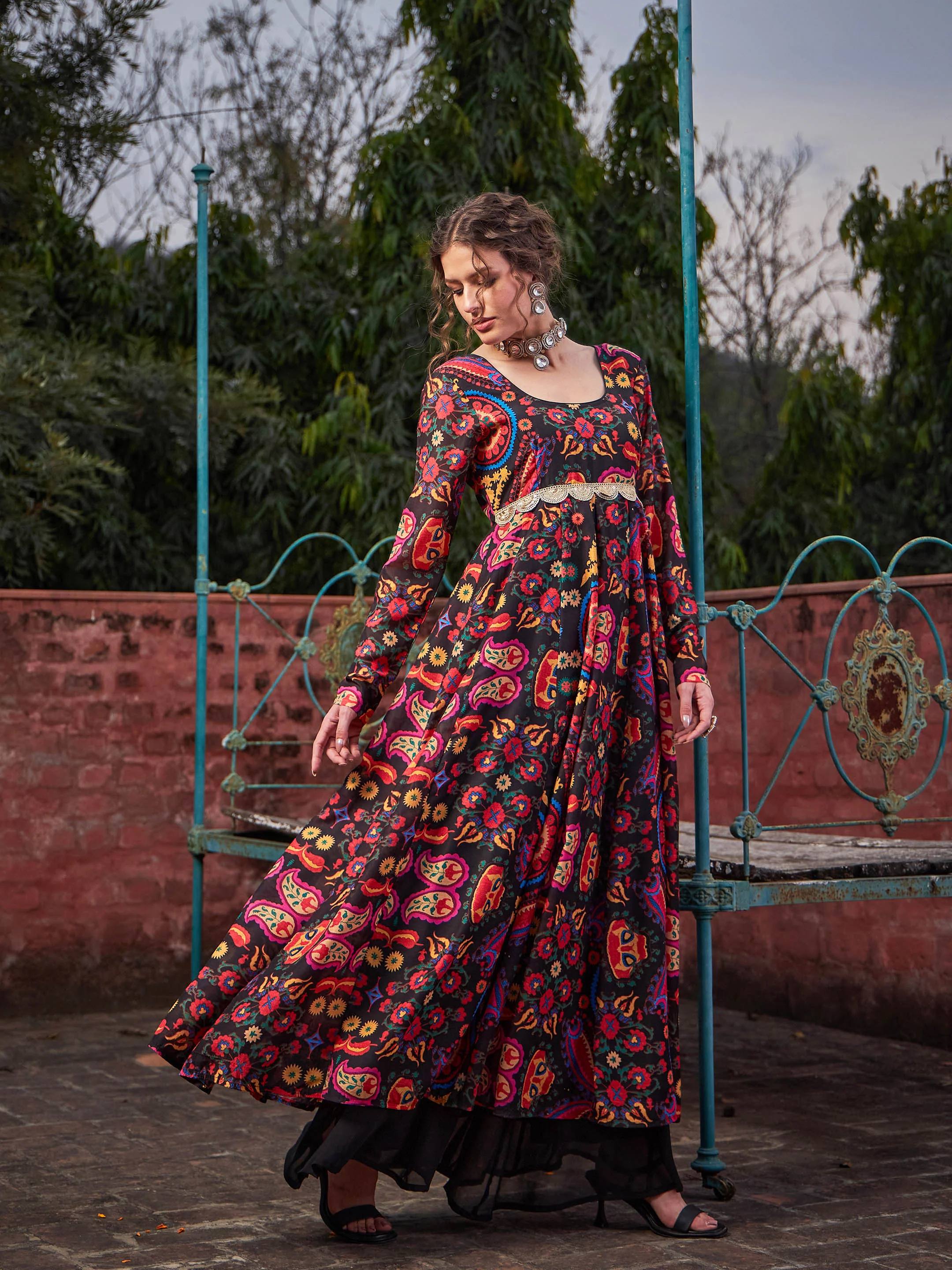 Women Black Floral Poly Muslin Anarkali Kurta - Image 3