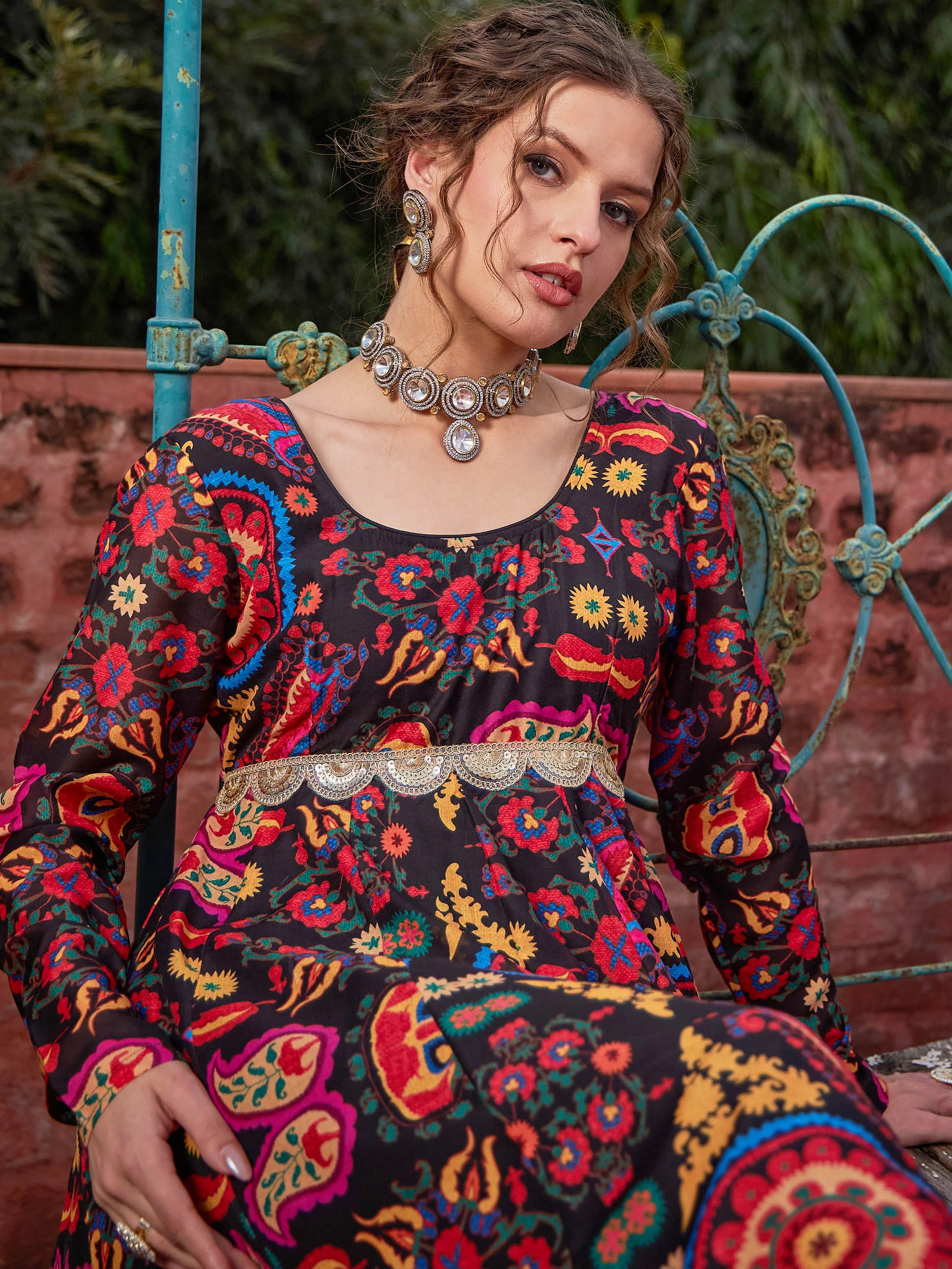 Women Black Floral Poly Muslin Anarkali Kurta - Image 4