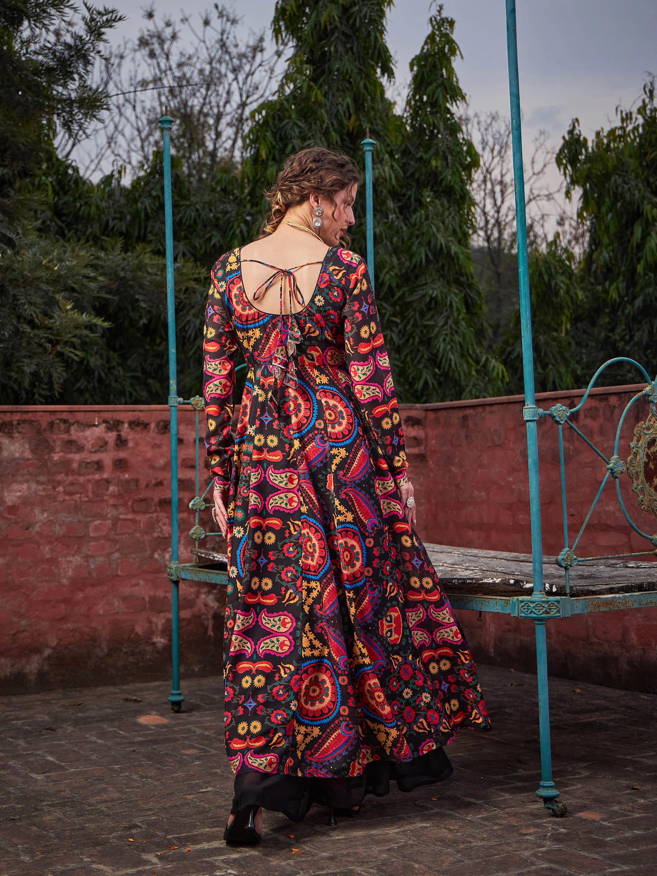 Women Black Floral Poly Muslin Anarkali Kurta - Image 5