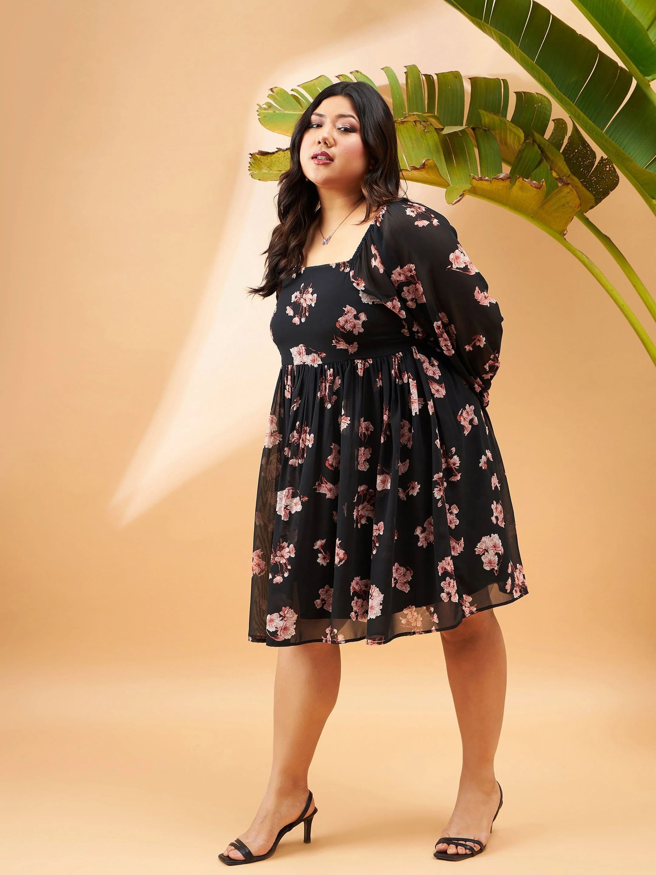Women Black Floral Printed Back Smocking Detail Skater Dress - Image 3