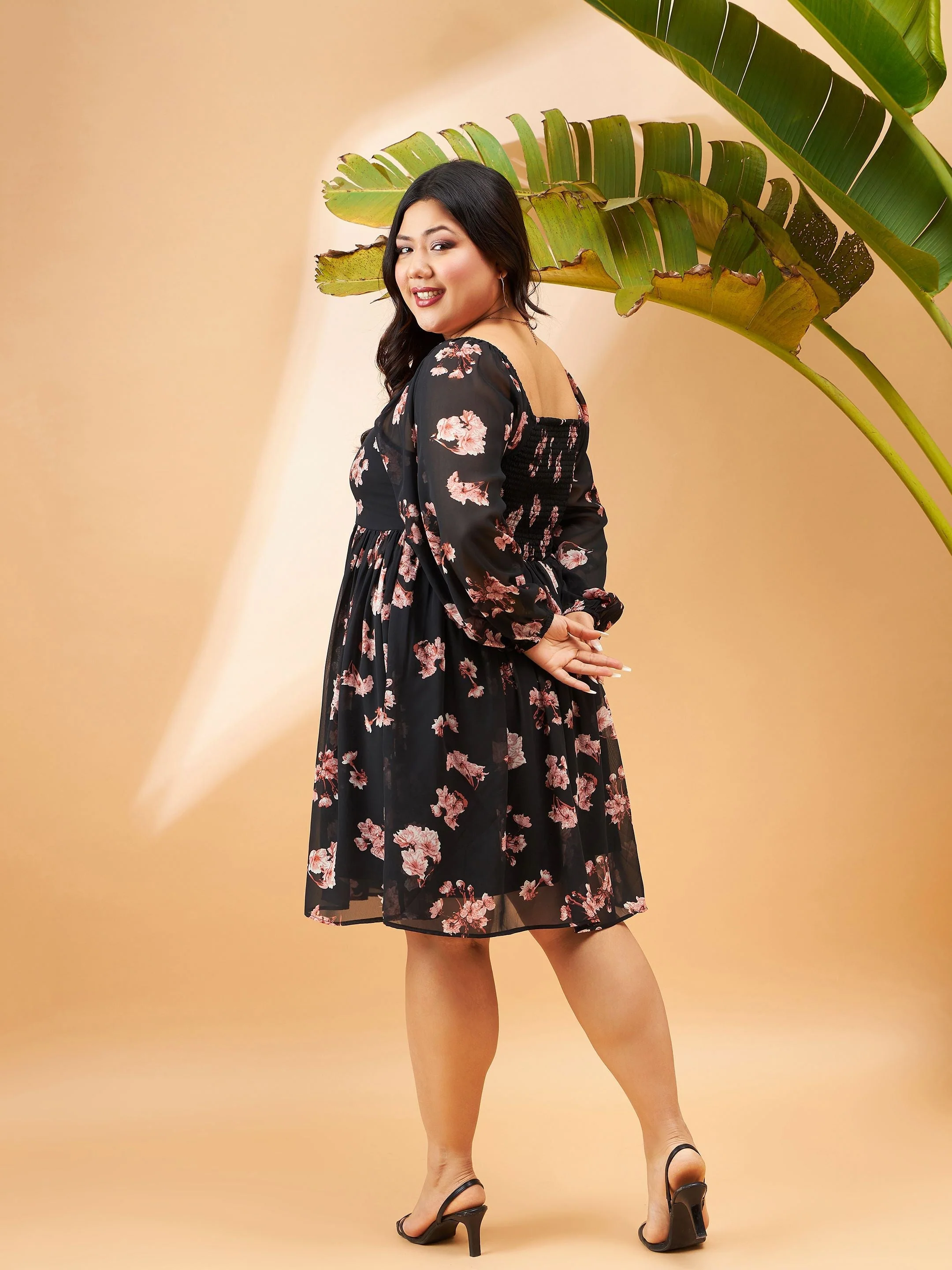Women Black Floral Printed Back Smocking Detail Skater Dress - Image 5