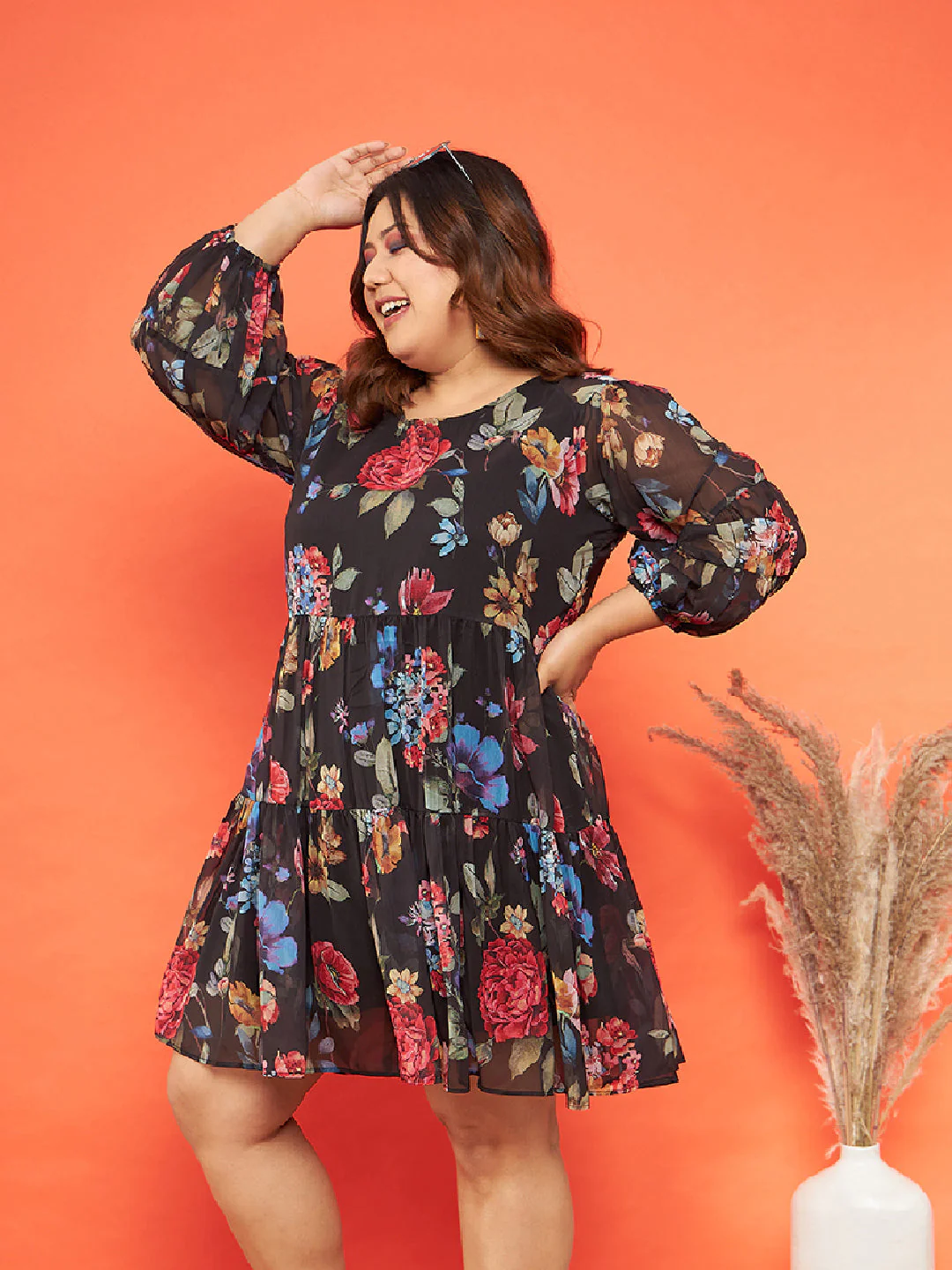 Women Black Floral Raglan Sleeves Tiered Dress - Image 4